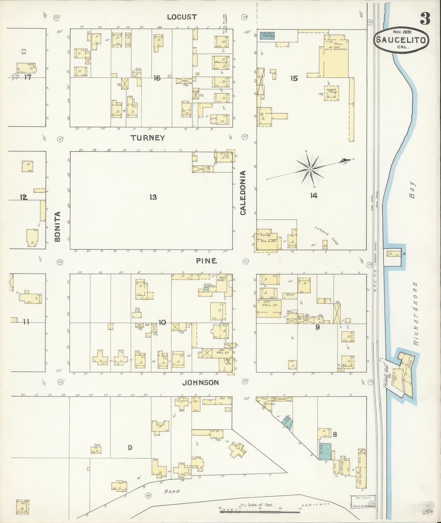 Sanborn Fire Insurance Map from Sausalito, Marin County, California (1891), Sheet #0003 - Complete Map Set gallery image, historic Sanborn map, vintage wall art, California California