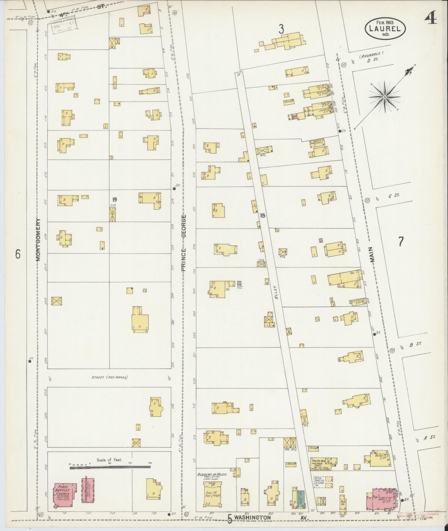 Sanborn Fire Insurance Map from Laurel, Prince Georges County, Maryland (1903), Sheet #0004 - Historic Sanborn Fire Insurance Map Print, vintage old map wall art