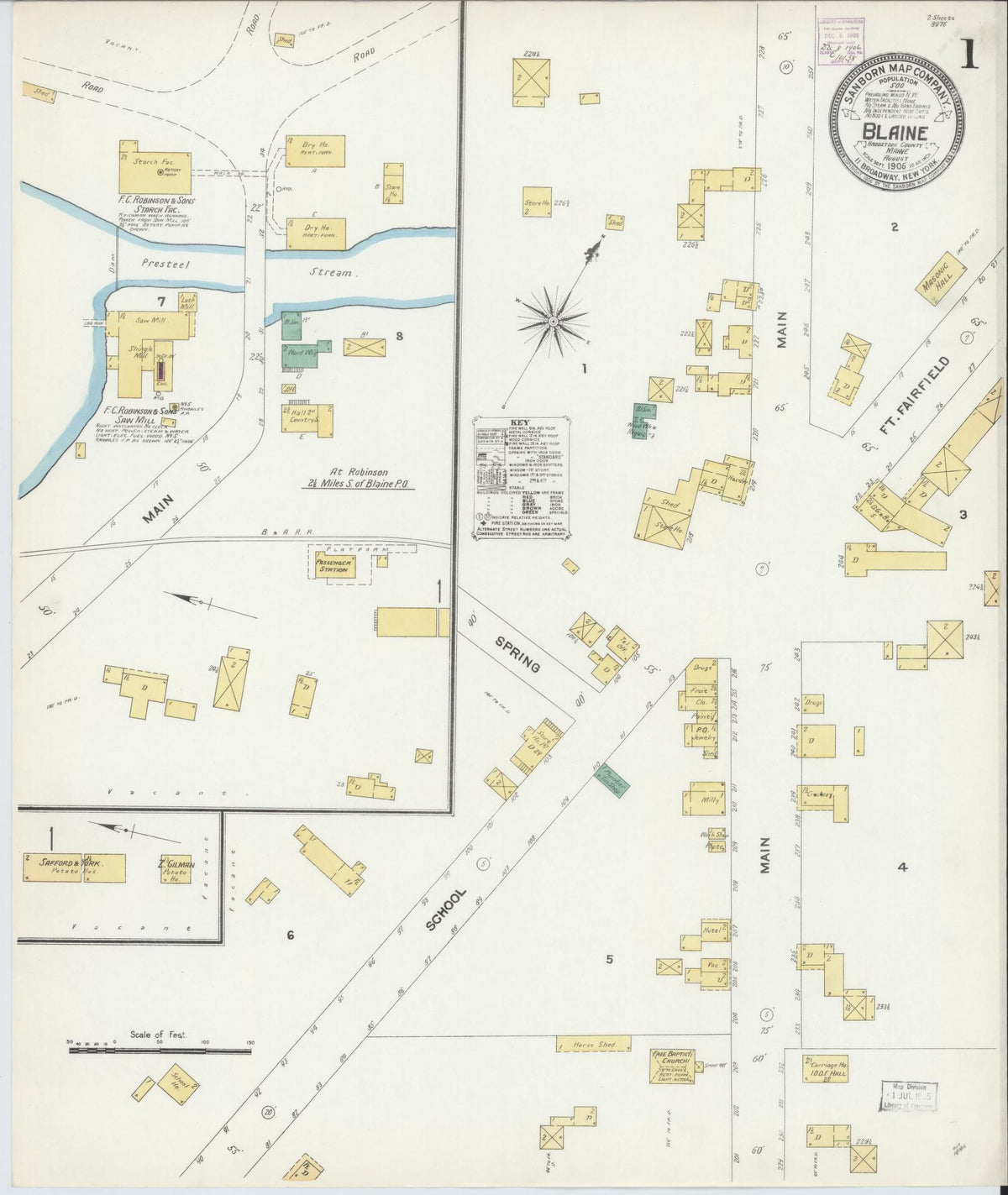 Sanborn Fire Insurance Map from Blaine, Aroostook County, Maine (1906), Sheet #0001 - Historic Sanborn Fire Insurance Map Print, vintage old map wall art, antique decor, genealogy gift, Maine Maine map