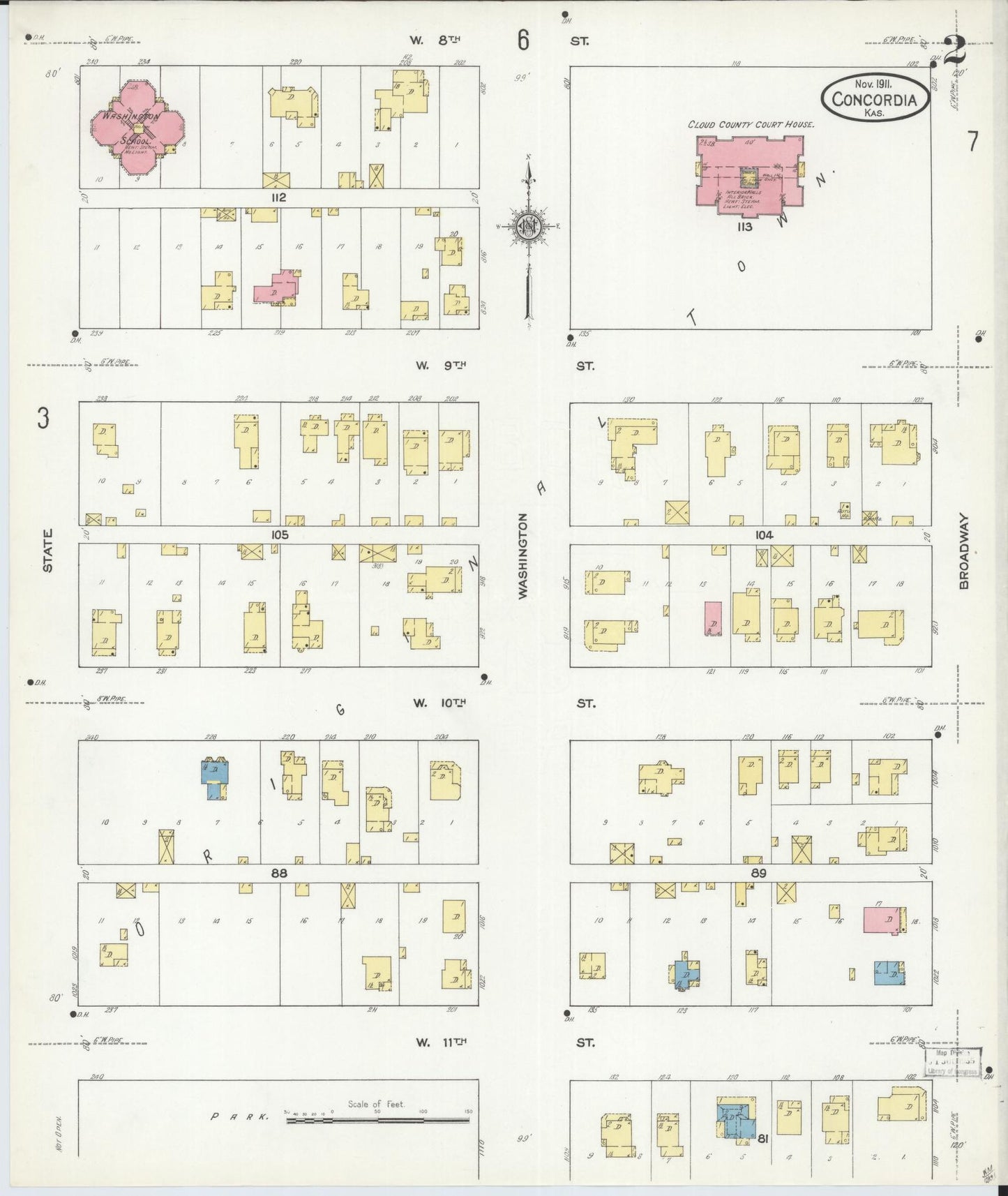 Sanborn Fire Insurance Map from Concordia, Cloud County, Kansas (1911), Sheet #0002 - Historic Sanborn Fire Insurance Map Print, vintage old map wall art, antique decor, genealogy gift, Kansas Kansas map
