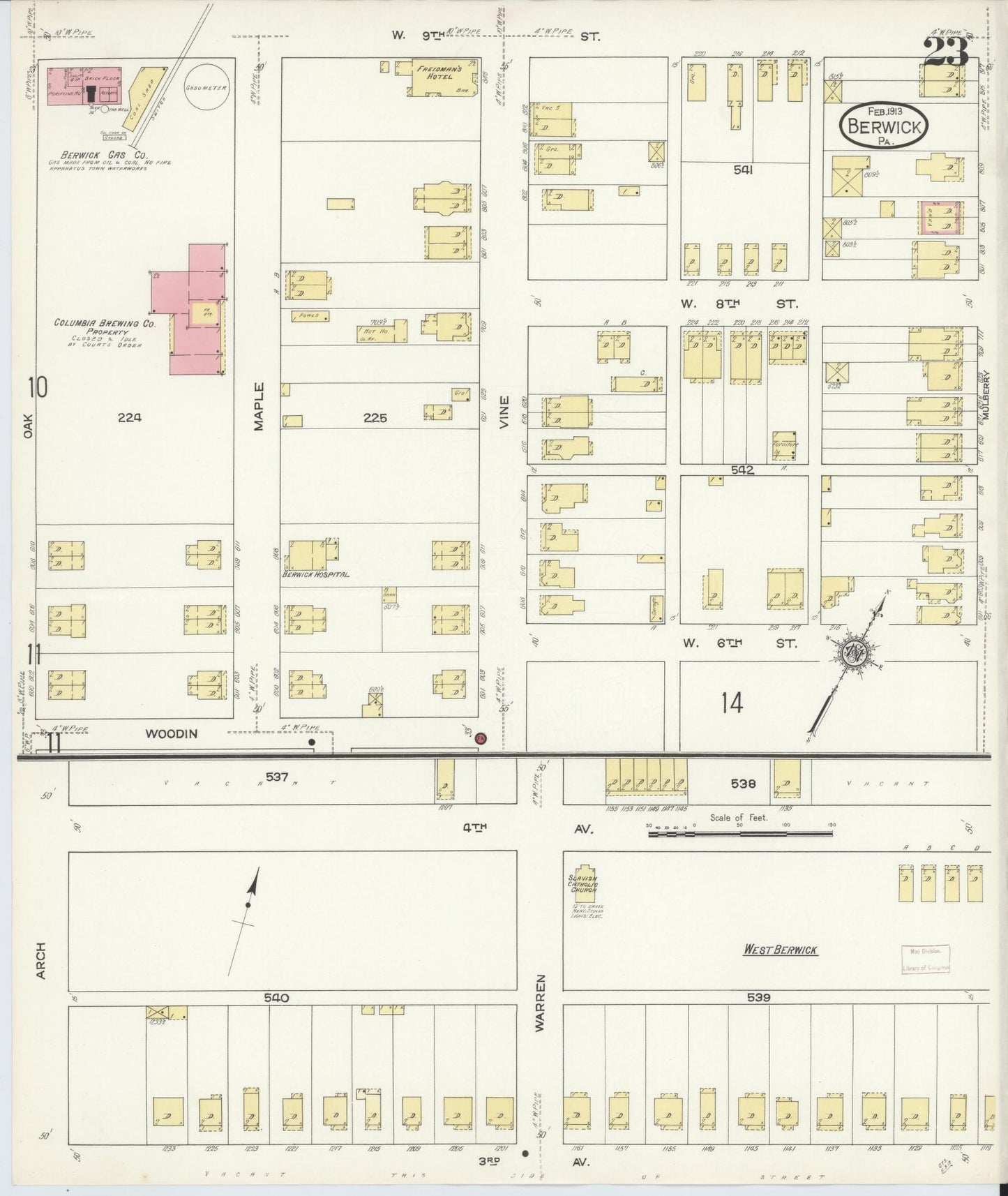 Sanborn Fire Insurance Map from Berwick, Columbia County, Pennsylvania (1913), Sheet #0023 - Historic Sanborn Fire Insurance Map Print, vintage old map wall art, antique decor, genealogy gift, Pennsylvania Pennsylvania map