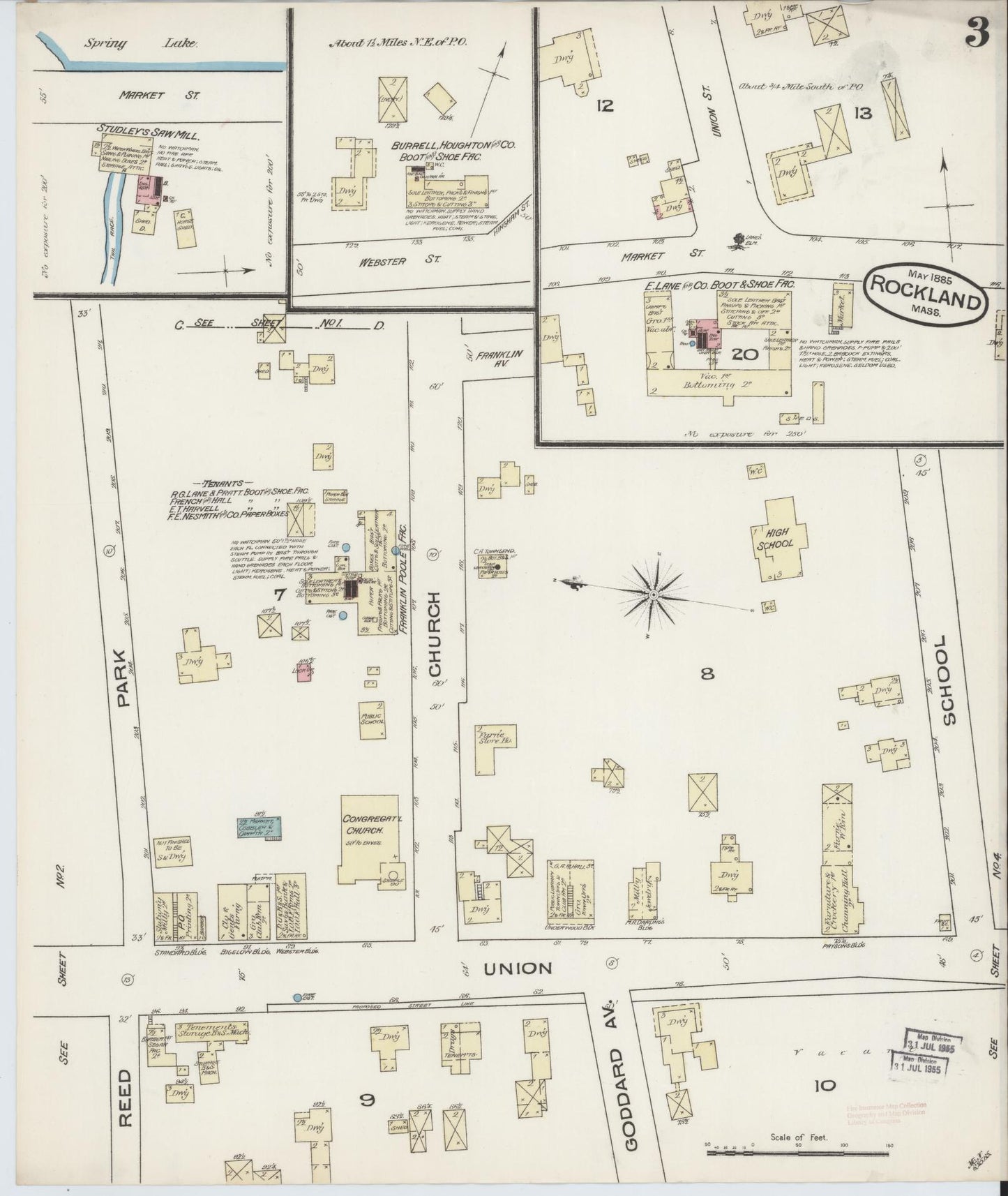 Sanborn Fire Insurance Map from Rockland, Plymouth County, Massachusetts (1885), Sheet #0003 - Historic Sanborn Fire Insurance Map Print, vintage old map wall art, antique decor, genealogy gift, Massachusetts Massachusetts map