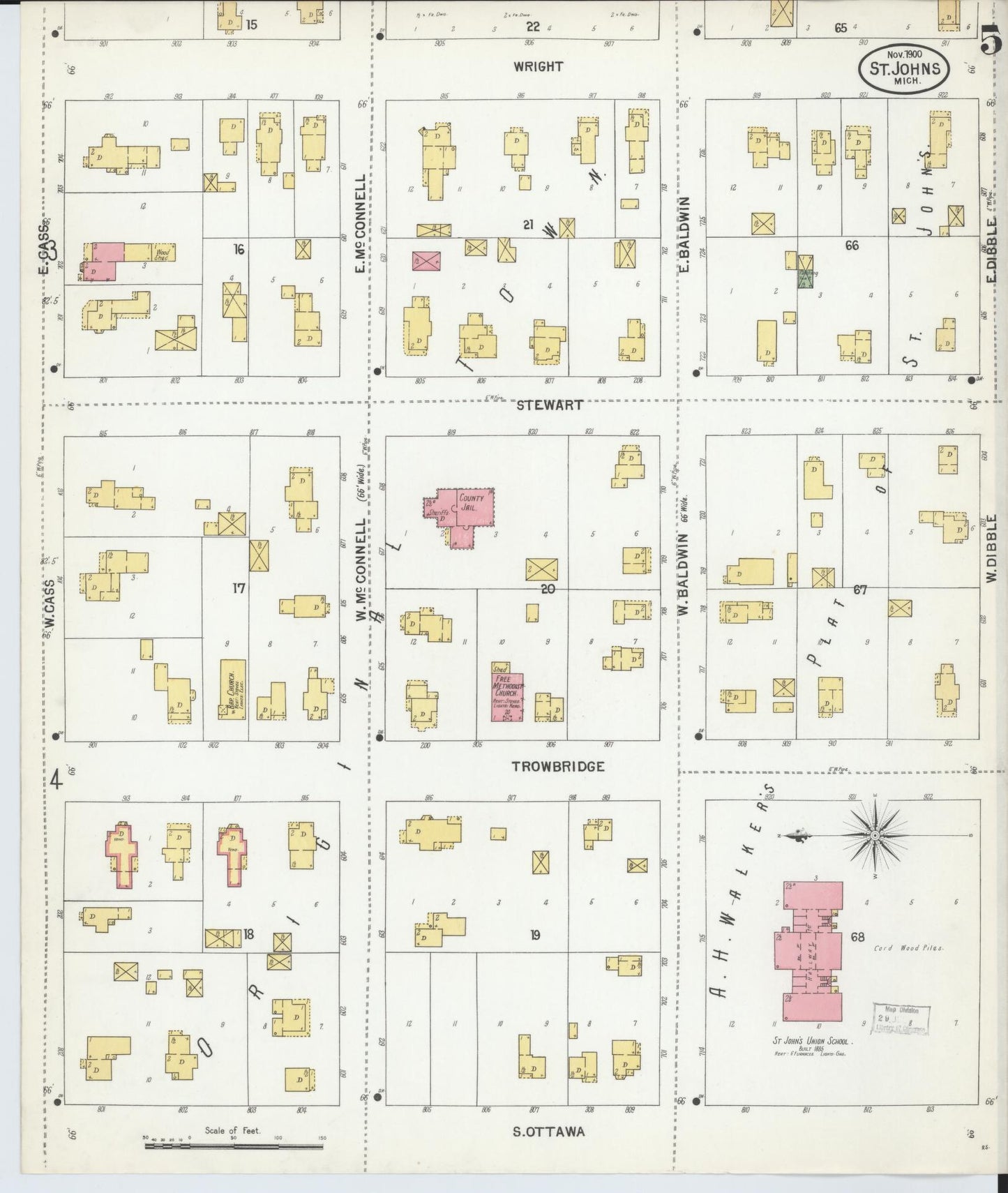 Sanborn Fire Insurance Map from Saint Johns, Clinton County, Michigan (1900), Sheet #0005 - Complete Map Set gallery image, historic Sanborn map, vintage wall art, Michigan Michigan