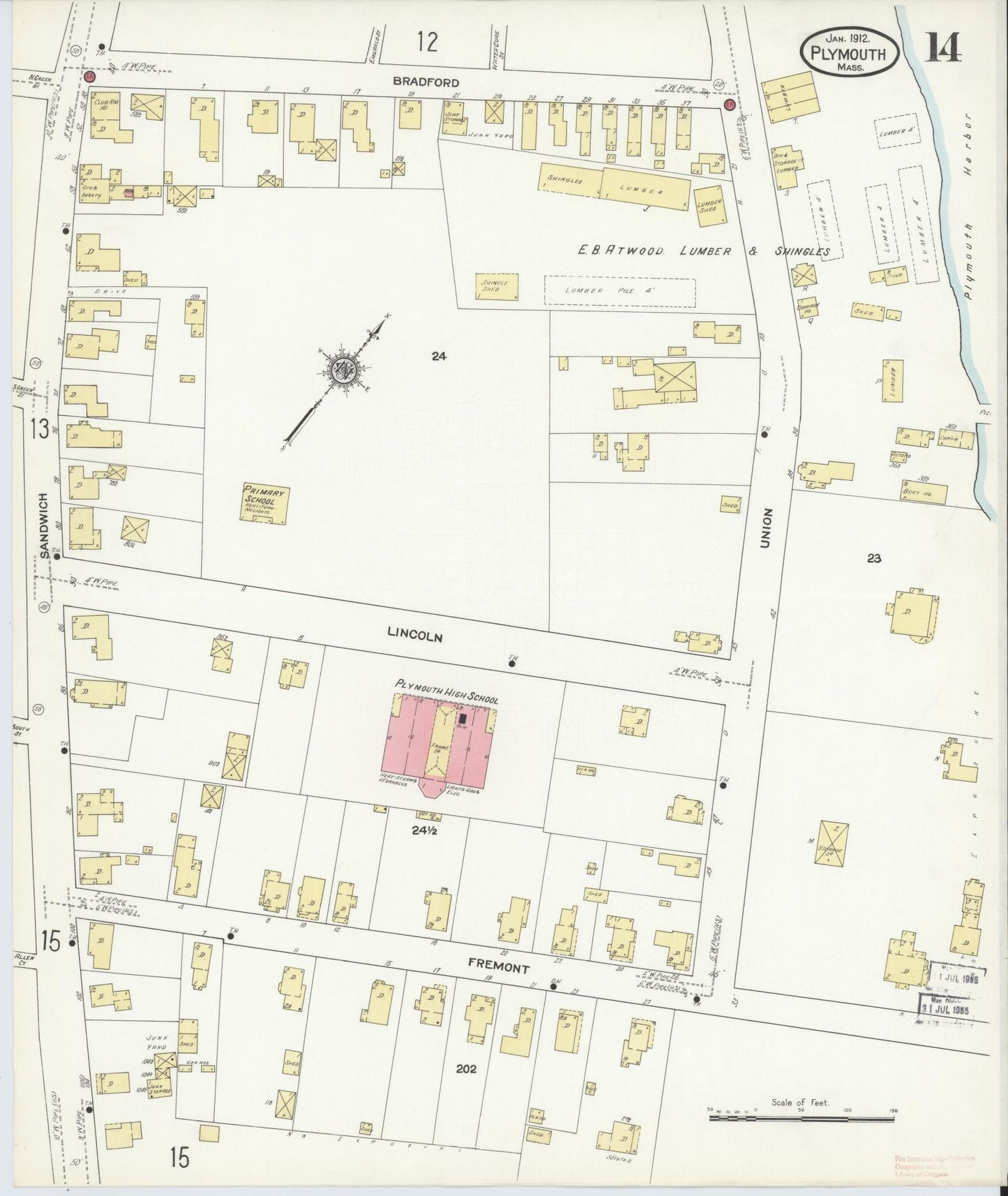 Sanborn Fire Insurance Map from Plymouth, Plymouth County, Massachusetts (1912), Sheet #0014 - Historic Sanborn Fire Insurance Map Print, vintage old map wall art, antique decor, genealogy gift, Massachusetts Massachusetts map