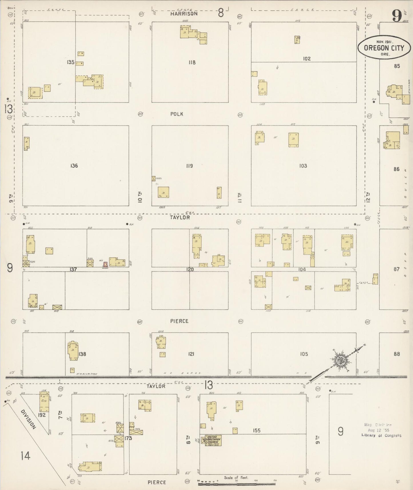 Sanborn Fire Insurance Map from Oregon City, Clackamas County, Oregon (1911), Sheet #0009 - Historic Sanborn Fire Insurance Map Print, vintage old map wall art, antique decor, genealogy gift, Oregon Oregon map