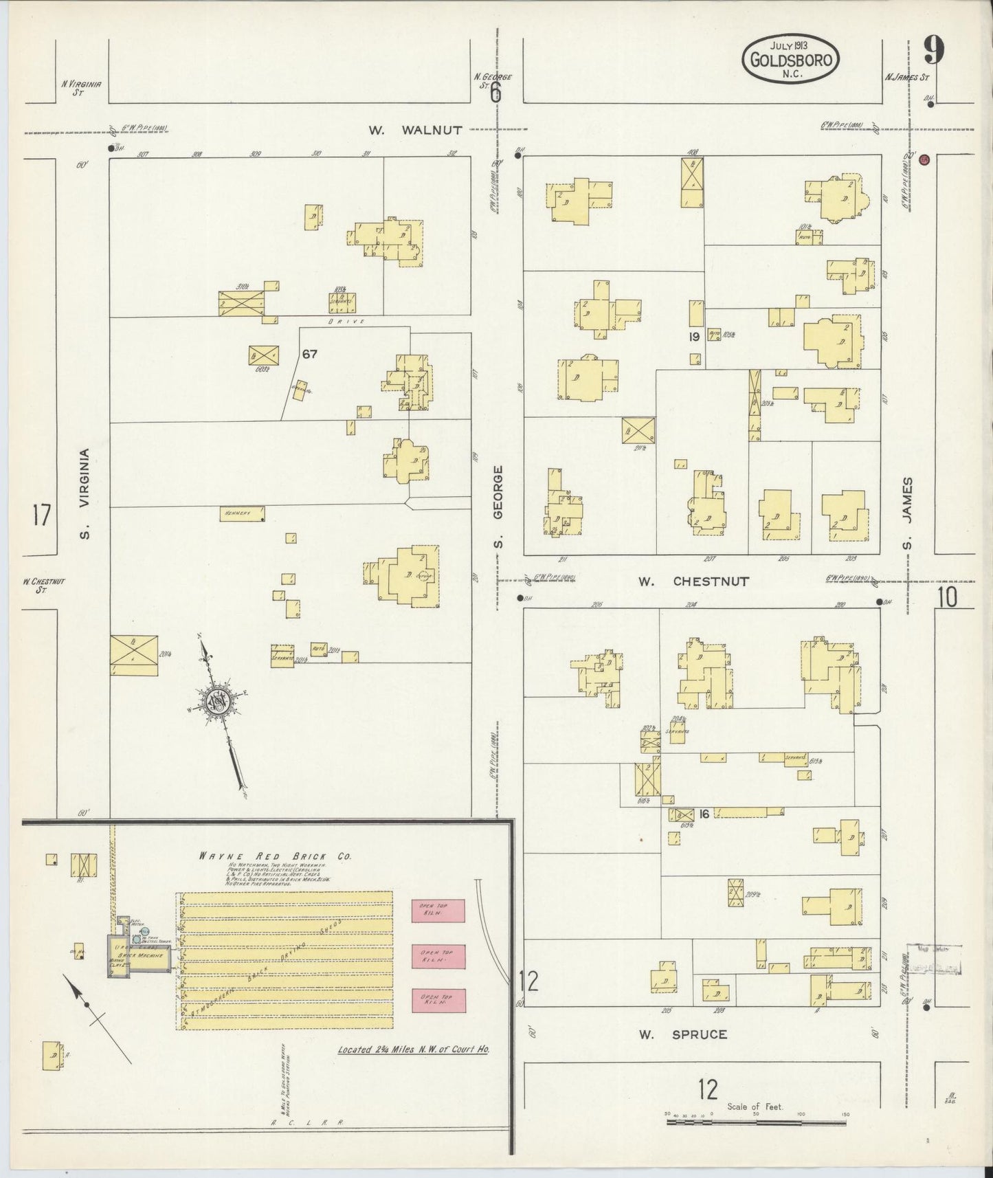 Sanborn Fire Insurance Map from Goldsboro, Wayne County, North Carolina (1913), Sheet #0009 - Historic Sanborn Fire Insurance Map Print, vintage old map wall art, antique decor, genealogy gift, North Carolina North Carolina map