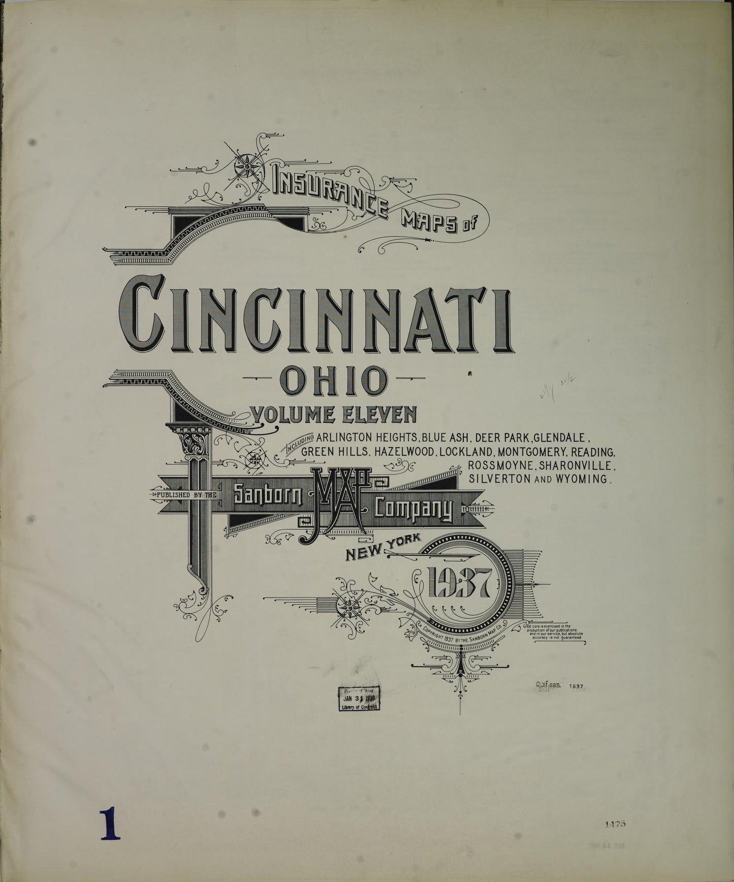 Sanborn Fire Insurance Map from Cincinnati, Hamilton County, Ohio (1937), Sheet #0001 - Complete Map Set gallery image, historic Sanborn map, vintage wall art, Ohio Ohio
