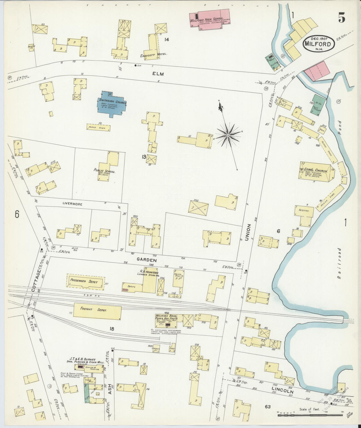 Sanborn Fire Insurance Map from Milford, Hillsborough County, New Hampshire (1907), Sheet #0005 - Historic Sanborn Fire Insurance Map Print, vintage old map wall art, antique decor, genealogy gift, New Hampshire New Hampshire map