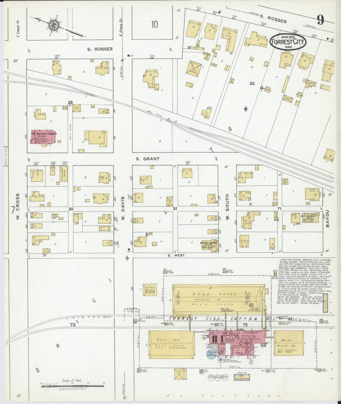 Sanborn Fire Insurance Map from Forrest City, Saint Francis County, Arkansas (1919), Sheet #0009 - Historic Sanborn Fire Insurance Map Print, vintage old map wall art, antique decor, genealogy gift, Arkansas Arkansas map