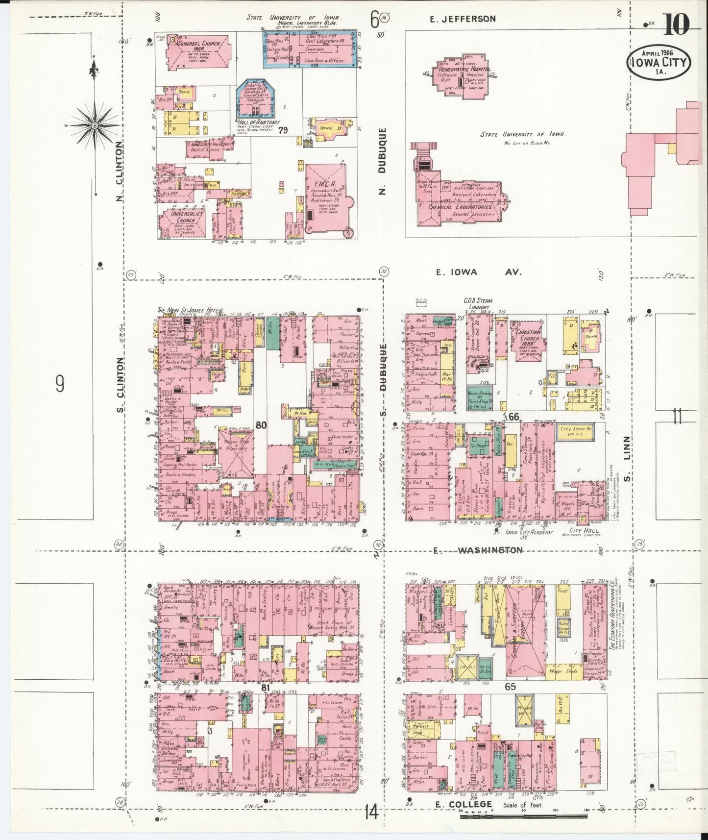 Sanborn Fire Insurance Map from Iowa City, Johnson County, Iowa (1906), Sheet #0010 - Historic Sanborn Fire Insurance Map Print, vintage old map wall art
