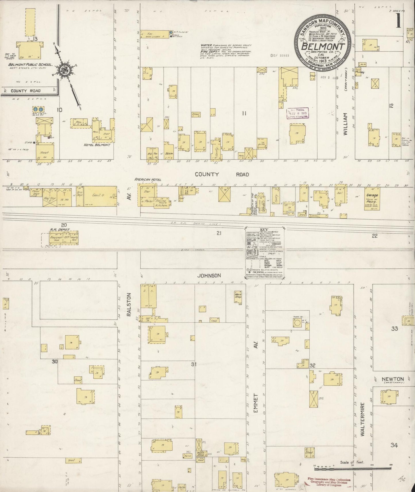 Sanborn Fire Insurance Map from Belmont, San Mateo County, California (1913), Sheet #0001 - Historic Sanborn Fire Insurance Map Print, vintage old map wall art, antique decor, genealogy gift, California California map