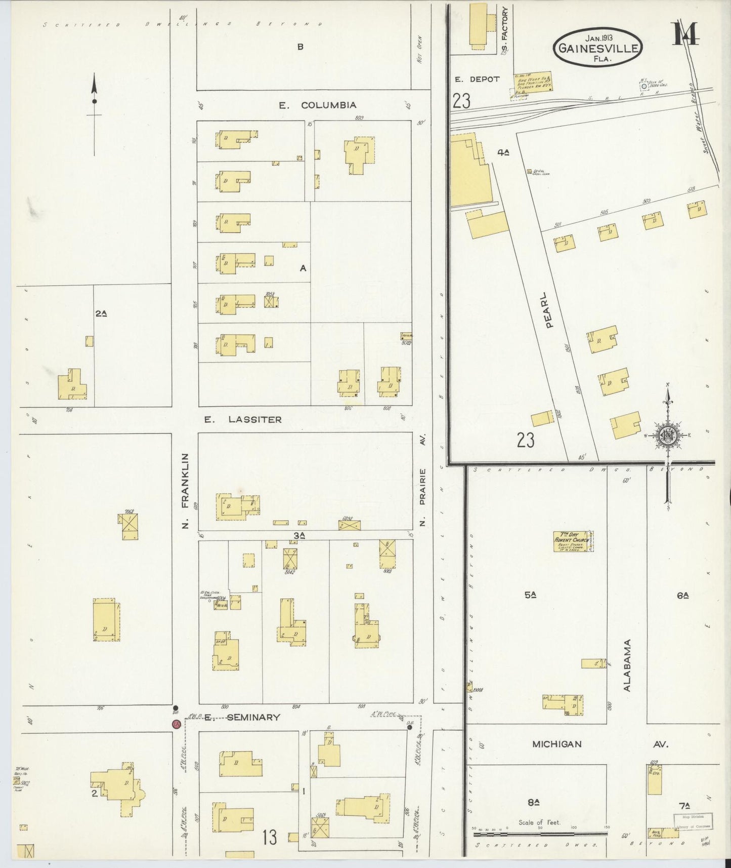 Sanborn Fire Insurance Map from Gainesville, Alachua County, Florida (1913), Sheet #0014 - Historic Sanborn Fire Insurance Map Print, vintage old map wall art, antique decor, genealogy gift, Florida Florida map