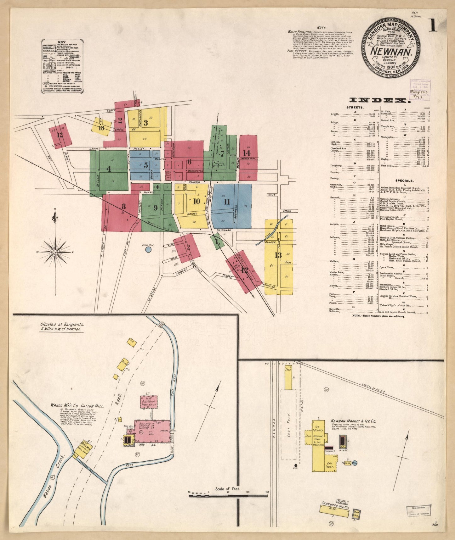 Sanborn Fire Insurance Map from Newnan, Coweta County, Georgia (1906), Sheet #0001 - Historic Sanborn Fire Insurance Map Print, vintage old map wall art, antique decor, genealogy gift, Georgia Georgia map