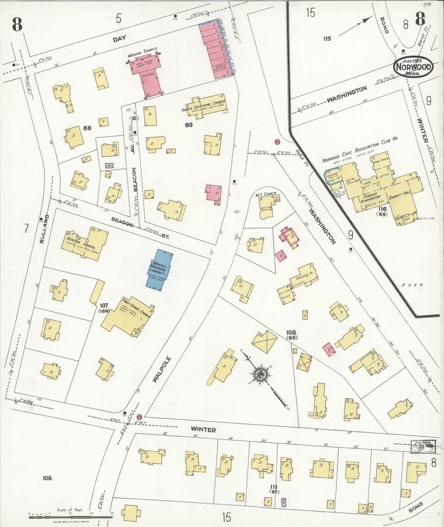 Sanborn Fire Insurance Map from Norwood, Norfolk County, Massachusetts (1923), Sheet #0008 - Historic Sanborn Fire Insurance Map Print, vintage old map wall art, antique decor, genealogy gift, Massachusetts Massachusetts map