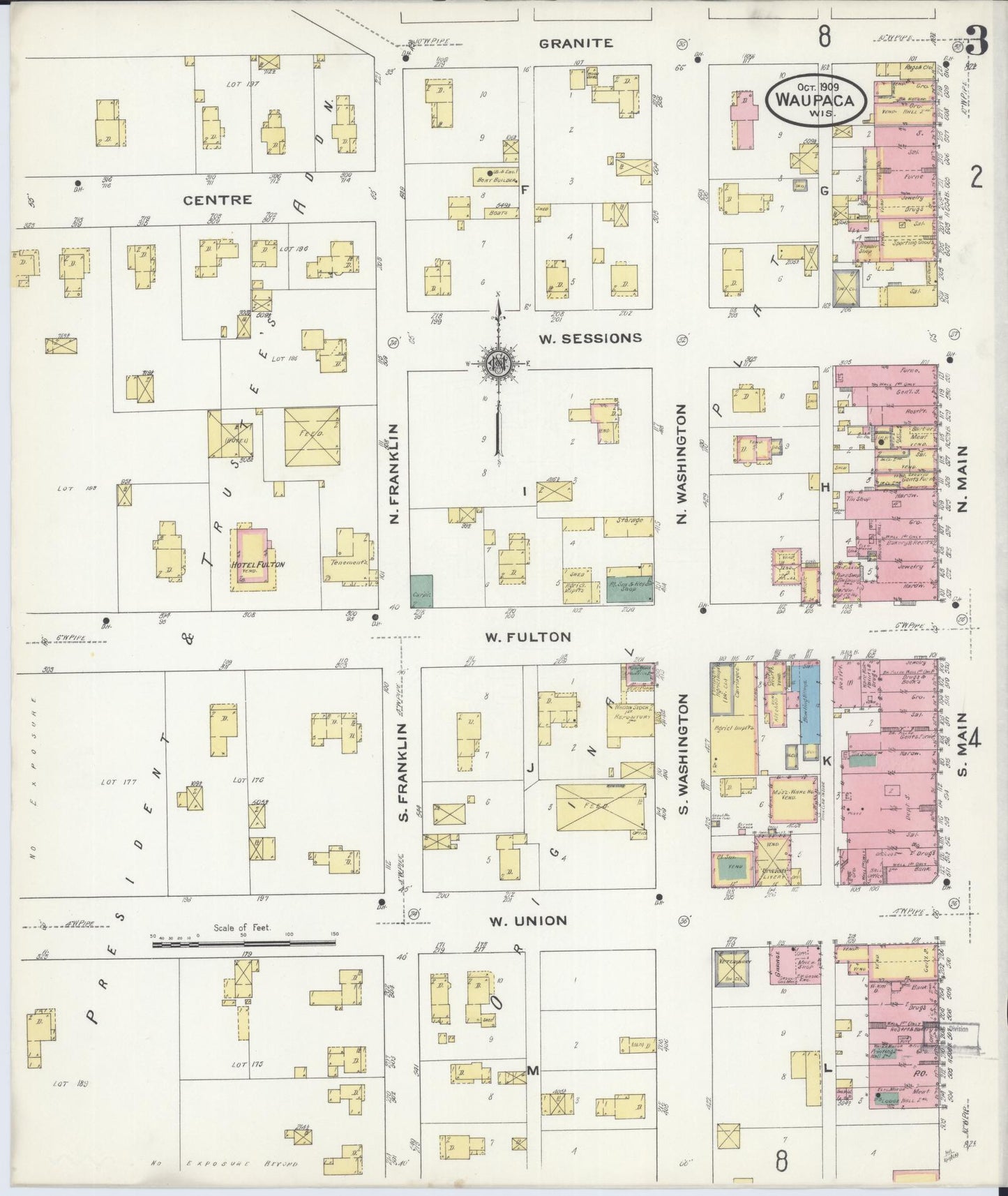 Sanborn Fire Insurance Map from Waupaca, Waupaca County, Wisconsin (1909), Sheet #0003 - Historic Sanborn Fire Insurance Map Print, vintage old map wall art, antique decor, genealogy gift, Wisconsin Wisconsin map