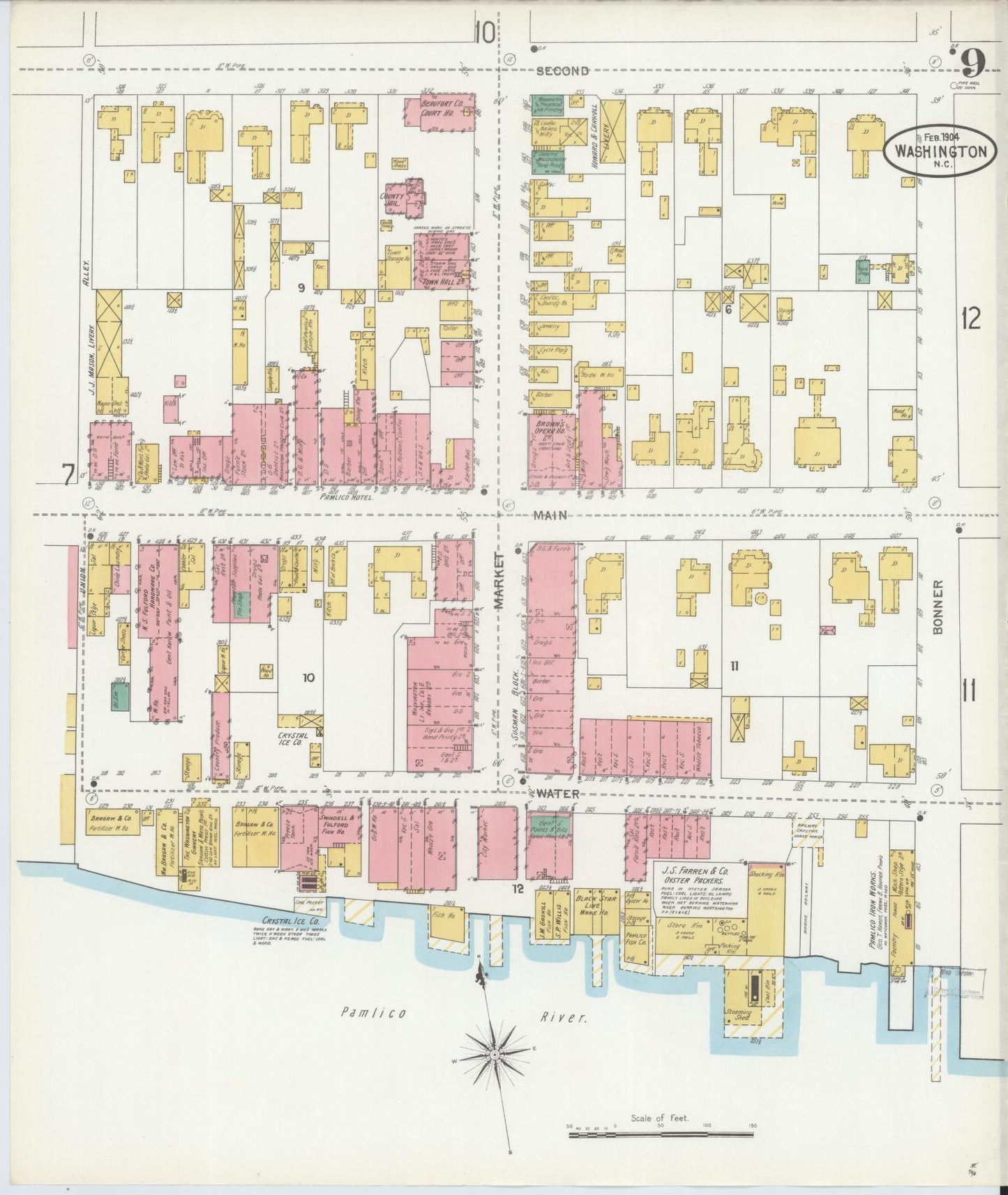 Sanborn Fire Insurance Map from Washington, Beaufort County, North Carolina (1904), Sheet #0009 - Historic Sanborn Fire Insurance Map Print, vintage old map wall art, antique decor, genealogy gift, Washington Washington map