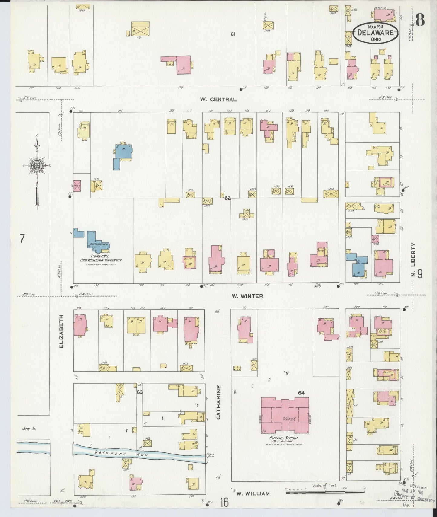 Sanborn Fire Insurance Map from Delaware, Delaware County, Ohio (1911), Sheet #0008 - Historic Sanborn Fire Insurance Map Print, vintage old map wall art, antique decor, genealogy gift, Sanborn Fire Insurance Map from Delaware Delaware map