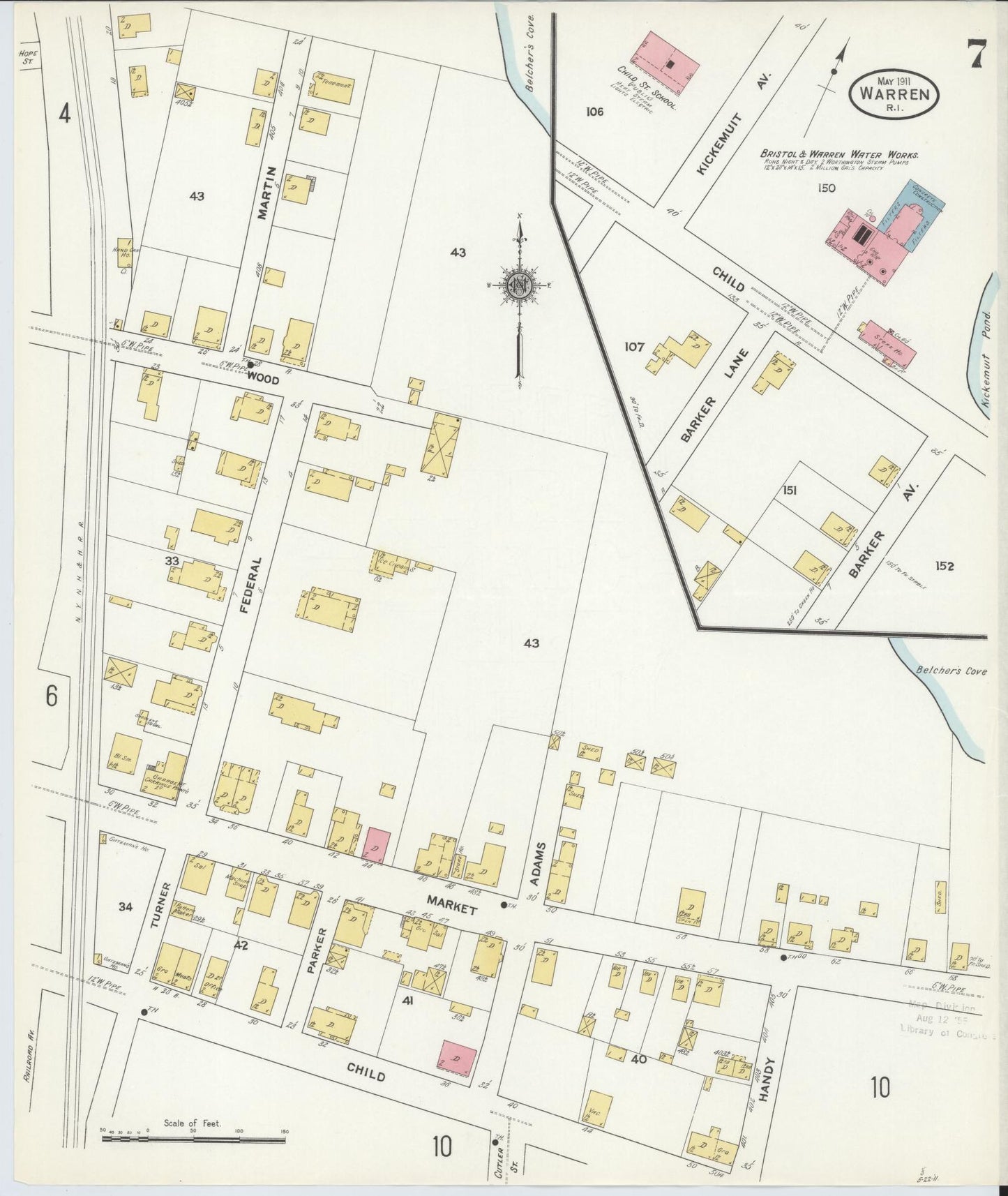 Sanborn Fire Insurance Map from Warren, Bristol County, Rhode Island (1911), Sheet #0007 - Historic Sanborn Fire Insurance Map Print, vintage old map wall art, antique decor, genealogy gift, Rhode Island Rhode Island map