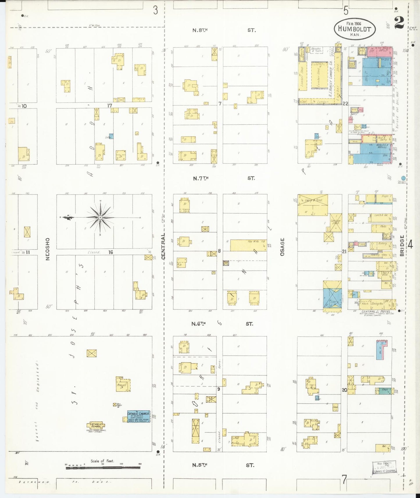 Sanborn Fire Insurance Map from Humboldt, Allen County, Kansas (1906), Sheet #0002 - Historic Sanborn Fire Insurance Map Print, vintage old map wall art, antique decor, genealogy gift, Kansas Kansas map