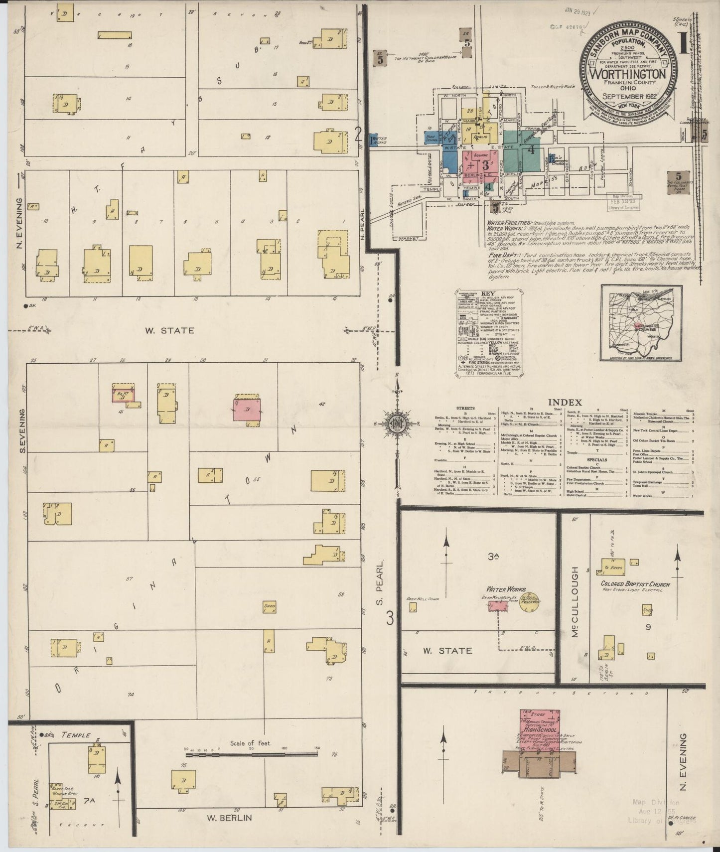 Sanborn Fire Insurance Map from Worthington, Franklin County, Ohio (1922), Sheet #0001 - Historic Sanborn Fire Insurance Map Print, vintage old map wall art, antique decor, genealogy gift, Ohio Ohio map