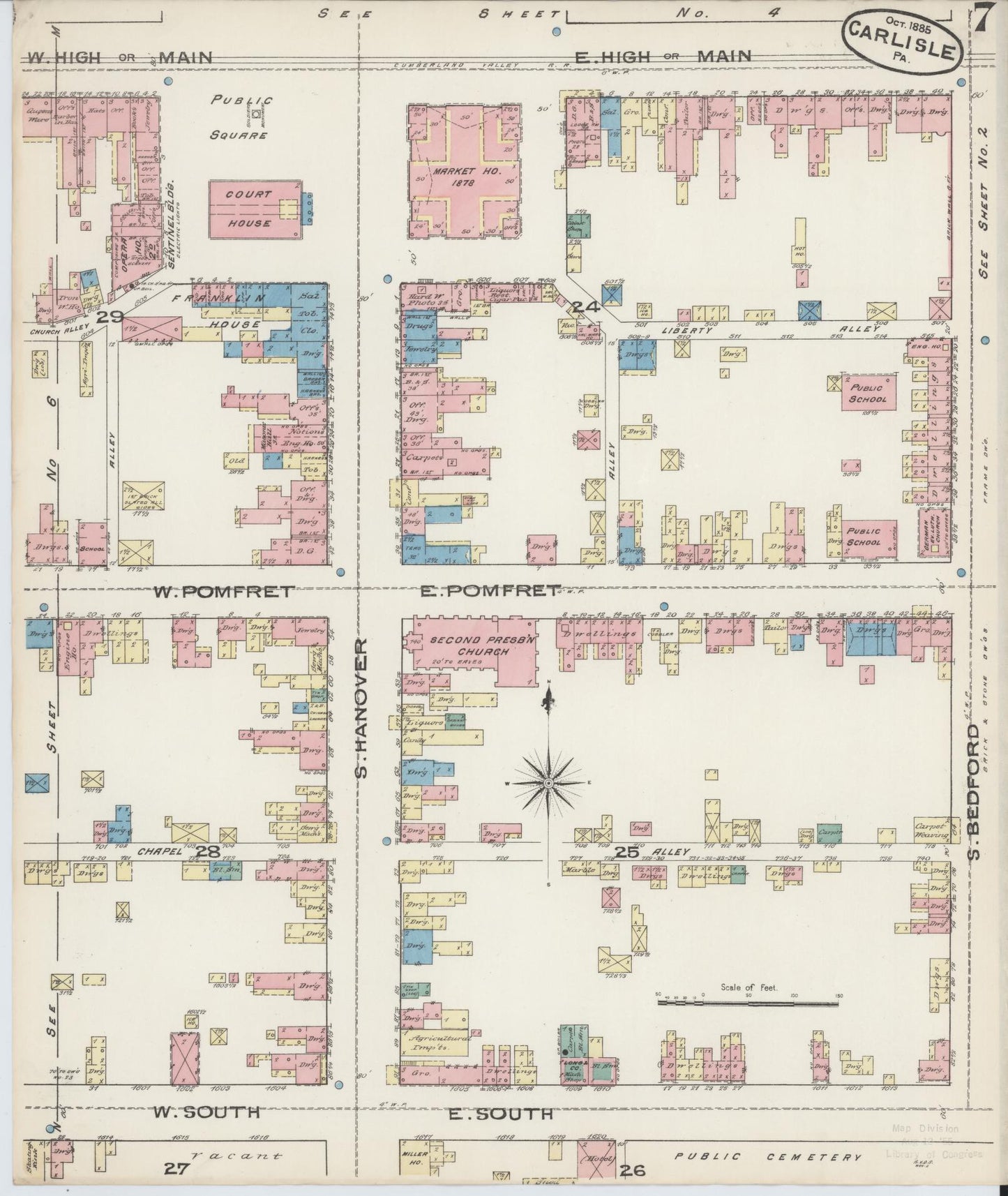 Sanborn Fire Insurance Map from Carlisle, Cumberland County, Pennsylvania (1885), Sheet #0007 - Historic Sanborn Fire Insurance Map Print, vintage old map wall art, antique decor, genealogy gift, Pennsylvania Pennsylvania map