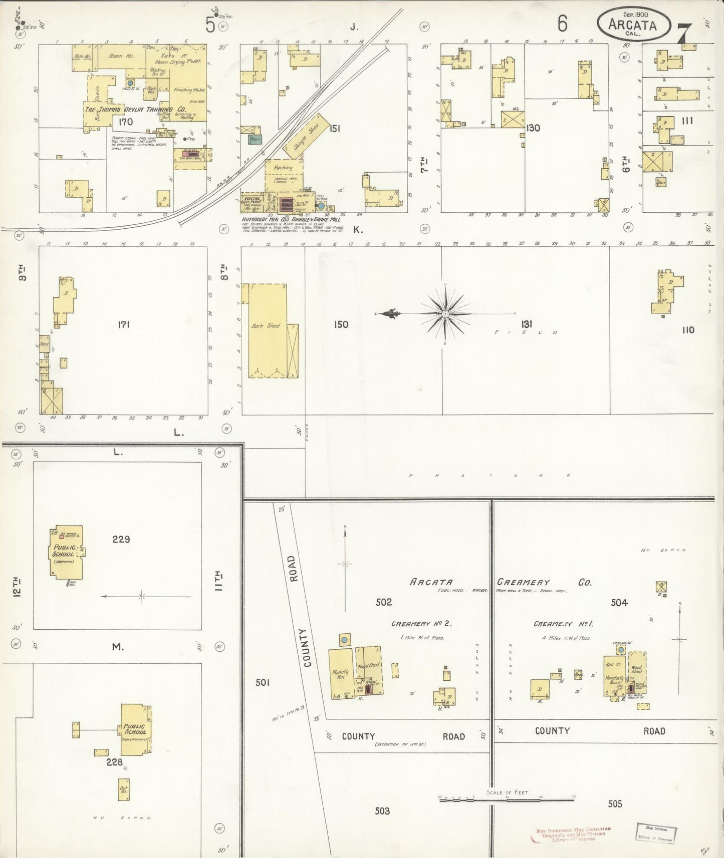 Sanborn Fire Insurance Map from Arcata, Humboldt County, California (1900), Sheet #0007 - Historic Sanborn Fire Insurance Map Print, vintage old map wall art, antique decor, genealogy gift, California California map