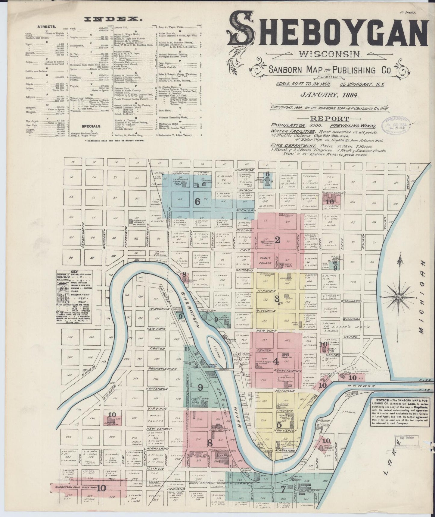 Sanborn Fire Insurance Map from Sheboygan, Sheboygan County, Wisconsin (1884), Sheet #0001 - Historic Sanborn Fire Insurance Map Print, vintage old map wall art, antique decor, genealogy gift, Wisconsin Wisconsin map