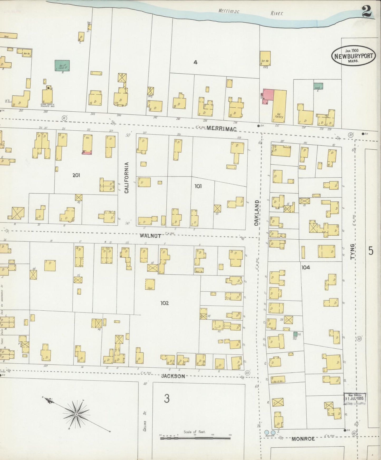 Sanborn Fire Insurance Map from Newburyport, Essex County, Massachusetts (1900), Sheet #0002 - Historic Sanborn Fire Insurance Map Print, vintage old map wall art, antique decor, genealogy gift, Massachusetts Massachusetts map