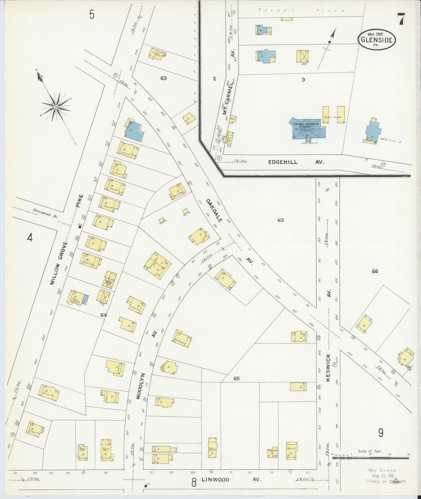 Sanborn Fire Insurance Map from Glenside, Montgomery County, Pennsylvania (1909), Sheet #0007 - Historic Sanborn Fire Insurance Map Print, vintage old map wall art, antique decor, genealogy gift, Pennsylvania Pennsylvania map
