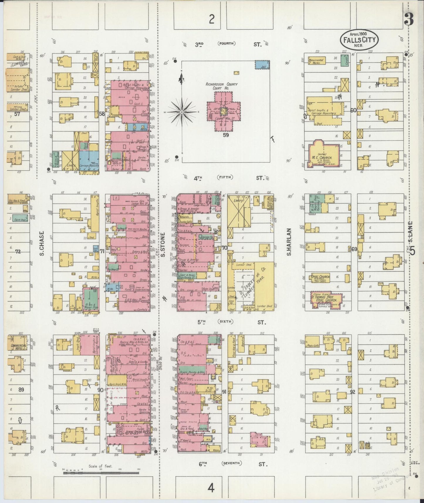 Sanborn Fire Insurance Map from Falls City, Richardson County, Nebraska (1900), Sheet #0003 - Historic Sanborn Fire Insurance Map Print, vintage old map wall art, antique decor, genealogy gift, Nebraska Nebraska map