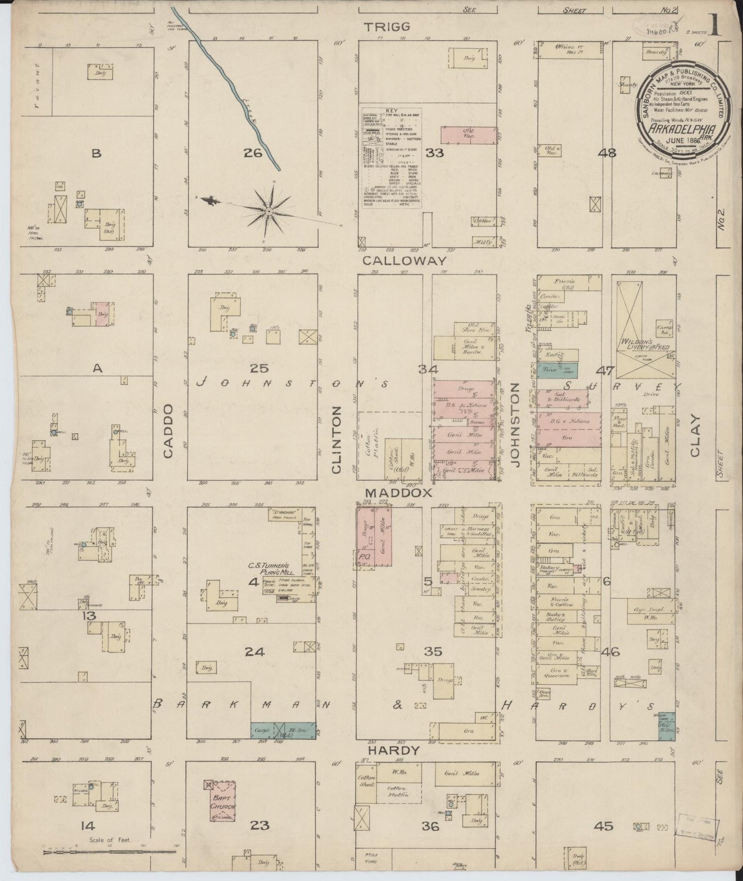 Sanborn Fire Insurance Map from Arkadelphia, Clark County, Arkansas (1886), Sheet #0001 - Historic Sanborn Fire Insurance Map Print, vintage old map wall art, antique decor, genealogy gift, Arkansas Arkansas map