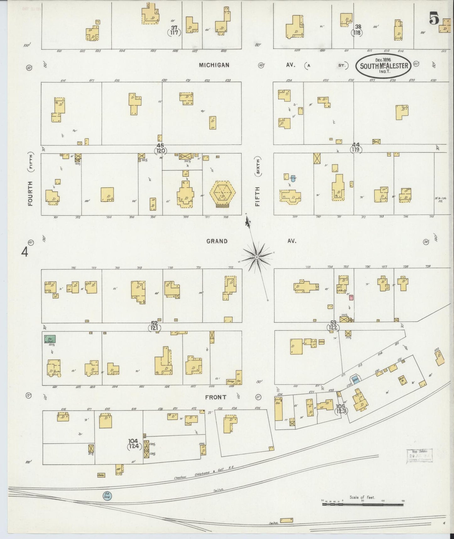 Sanborn Fire Insurance Map from South McAlester, Pittsburg County, Oklahoma (1898), Sheet #0005 - Historic Sanborn Fire Insurance Map Print, vintage old map wall art, antique decor, genealogy gift, Oklahoma Oklahoma map