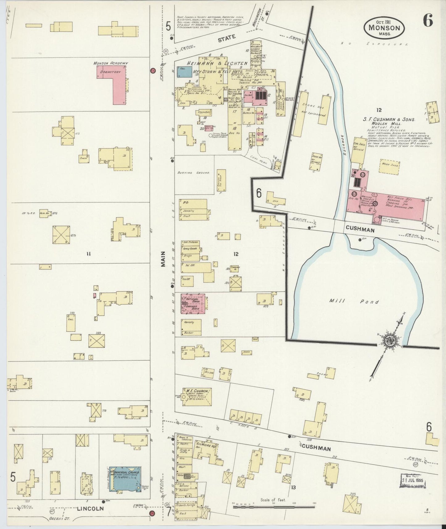 Sanborn Fire Insurance Map from Monson, Hampden County, Massachusetts (1911), Sheet #0006 - Historic Sanborn Fire Insurance Map Print, vintage old map wall art, antique decor, genealogy gift, Massachusetts Massachusetts map