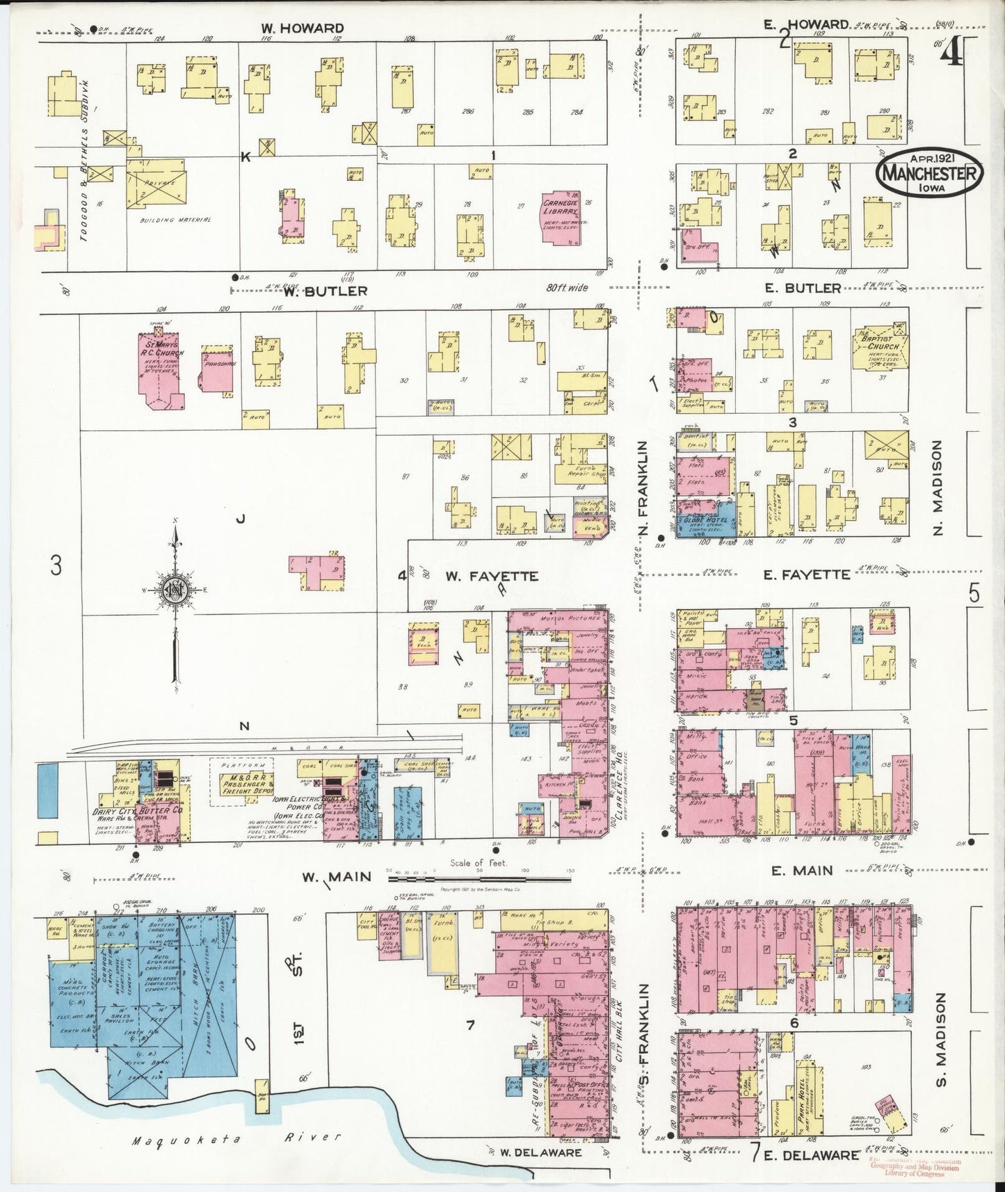 Sanborn Fire Insurance Map from Manchester, Delaware County, Iowa (1921), Sheet #0004 - Historic Sanborn Fire Insurance Map Print, vintage old map wall art, antique decor, genealogy gift, Manchester Delaware map