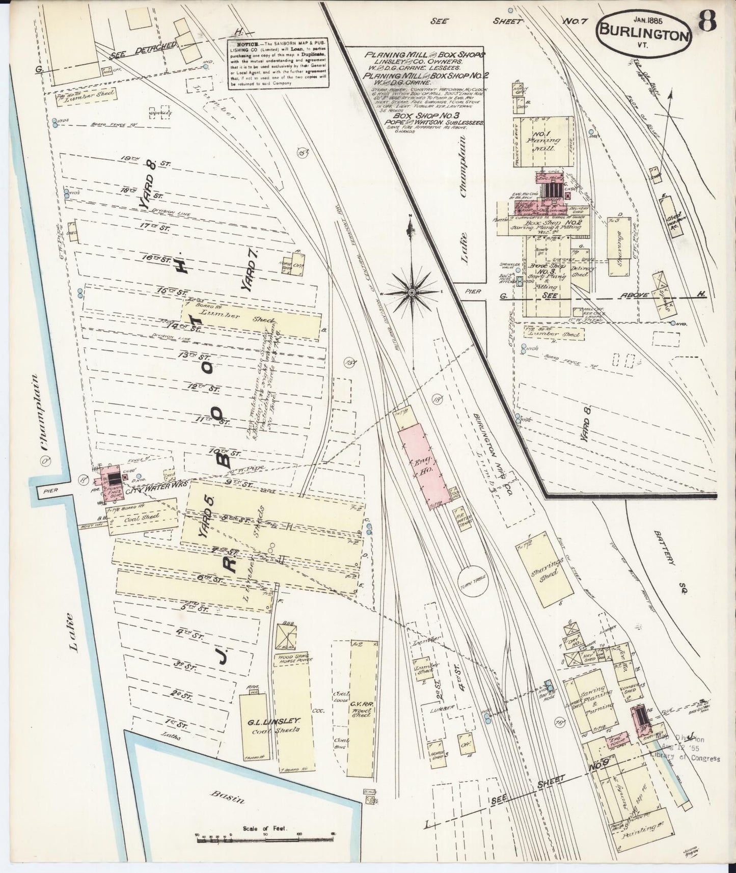 Sanborn Fire Insurance Map from Burlington, Chittenden County, Vermont (1885), Sheet #0008 - Complete Map Set gallery image, historic Sanborn map, vintage wall art, Vermont Vermont