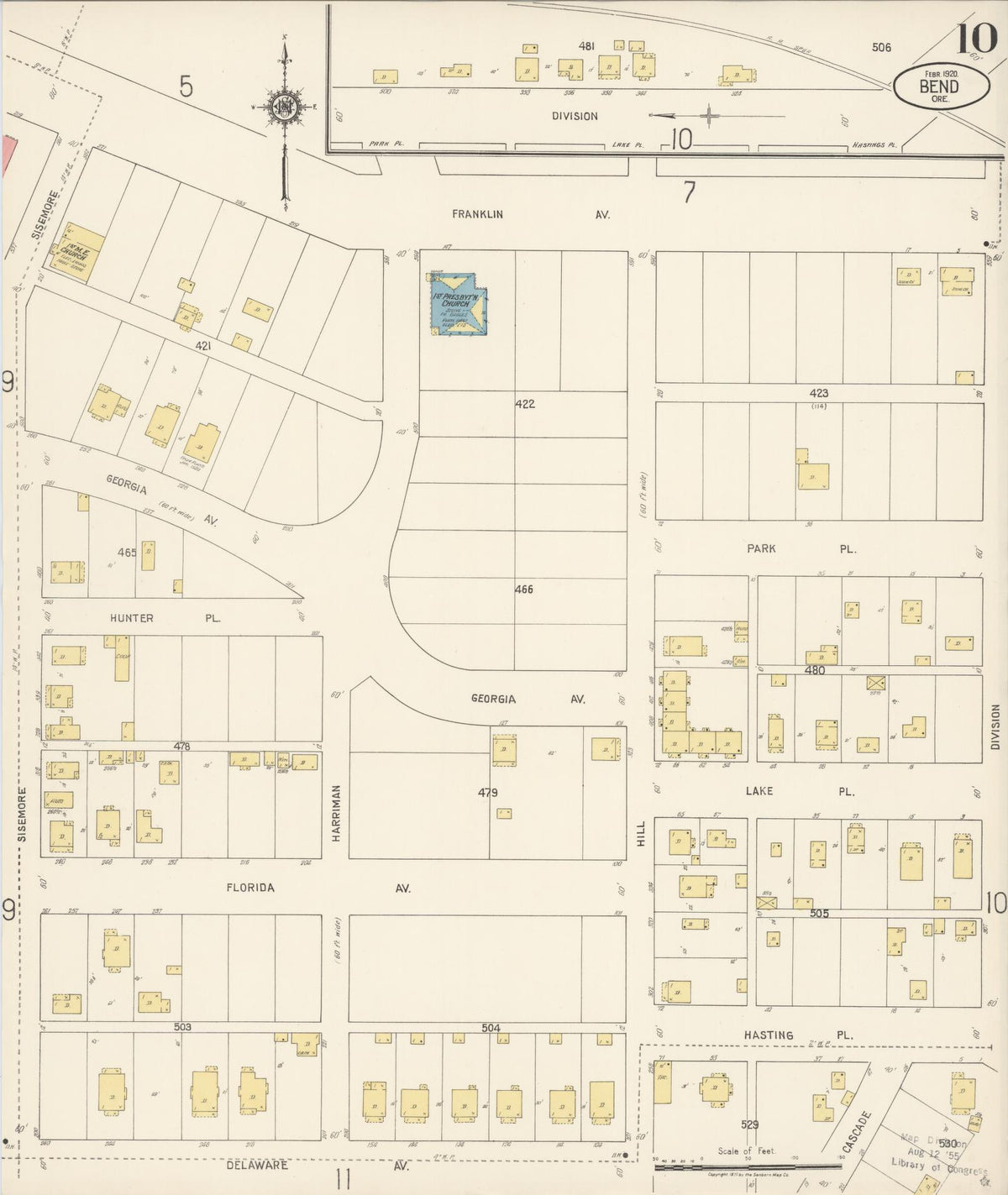 Sanborn Fire Insurance Map from Bend, Deschutes County, Oregon (1920), Sheet #0010 - Historic Sanborn Fire Insurance Map Print, vintage old map wall art, antique decor, genealogy gift, Oregon Oregon map