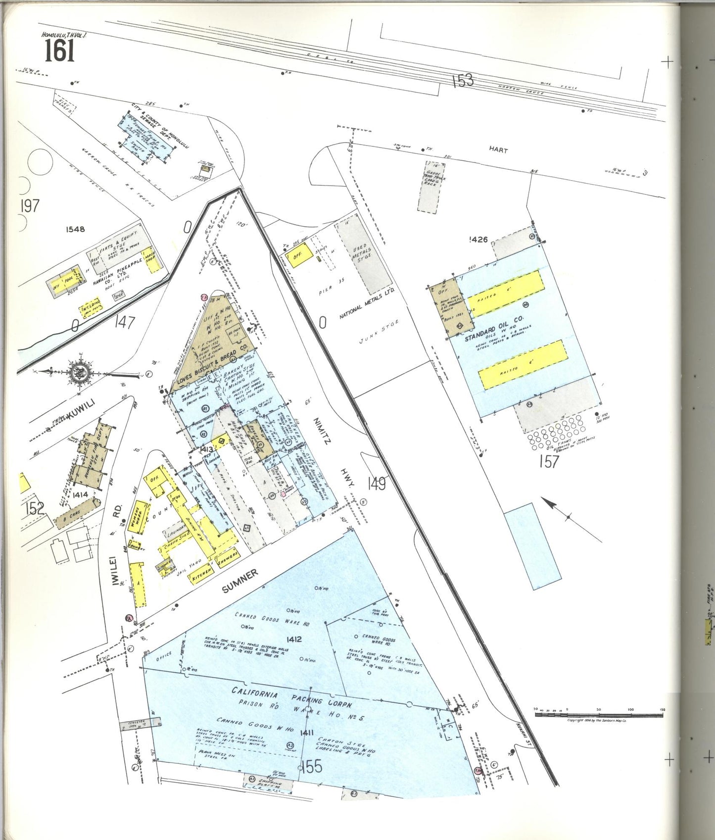 Sanborn Fire Insurance Map from Honolulu, Oahu County, Hawaii (1955), Sheet #0161 - Historic Sanborn Fire Insurance Map Print, vintage old map wall art