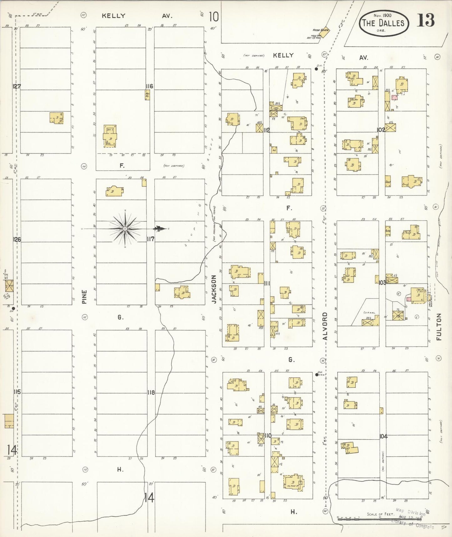 Sanborn Fire Insurance Map from The Dalles, Wasco County, Oregon (1900), Sheet #0013 - Historic Sanborn Fire Insurance Map Print, vintage old map wall art, antique decor, genealogy gift, Oregon Oregon map