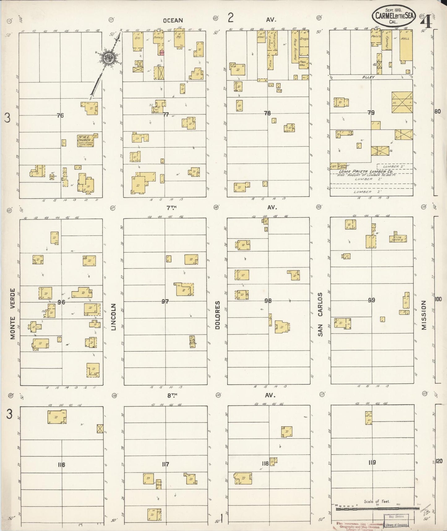 Sanborn Fire Insurance Map from Carmel By The Sea, Monterey County, California (1910), Sheet #0004 - Complete Map Set gallery image, historic Sanborn map, vintage wall art, California California