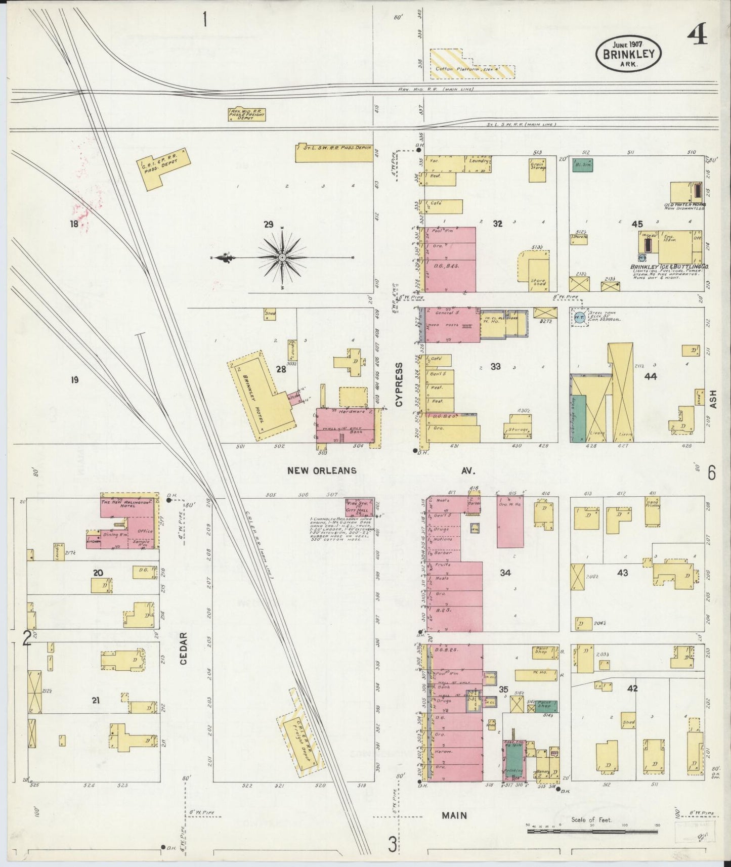 Sanborn Fire Insurance Map from Brinkley, Monroe County, Arkansas (1907), Sheet #0004 - Historic Sanborn Fire Insurance Map Print, vintage old map wall art, antique decor, genealogy gift, Arkansas Arkansas map