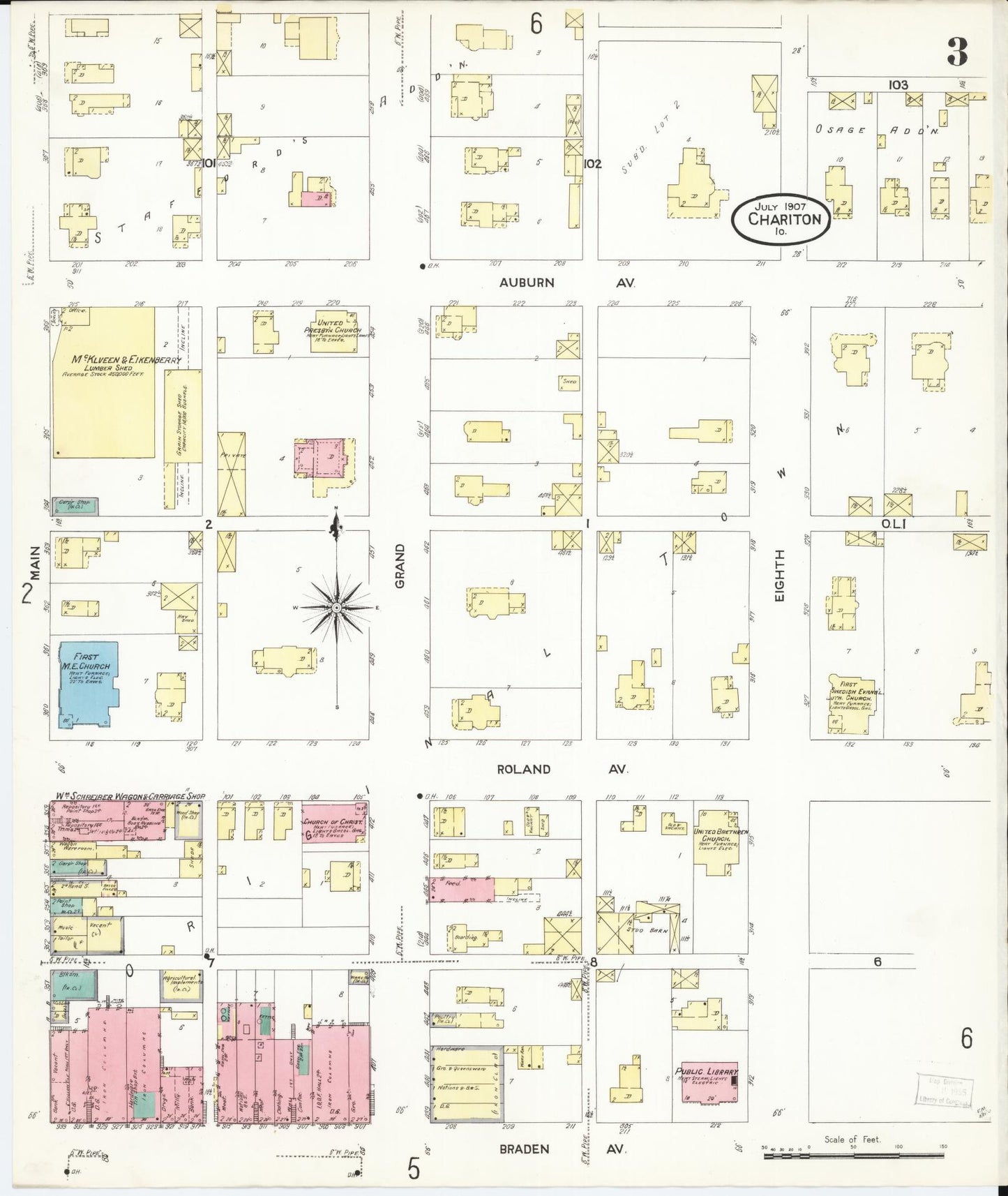 Sanborn Fire Insurance Map from Chariton, Lucas County, Iowa (1907), Sheet #0003 - Historic Sanborn Fire Insurance Map Print, vintage old map wall art