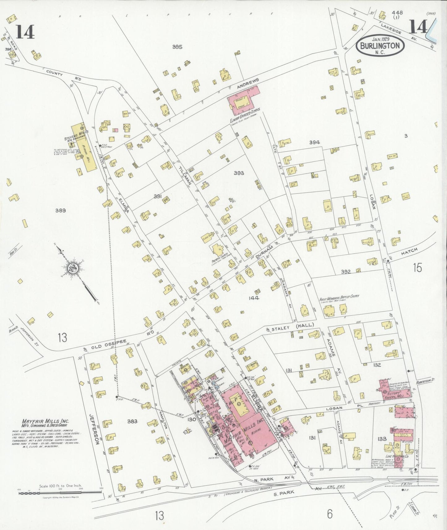 Sanborn Fire Insurance Map from Burlington, Alamance County, North Carolina (1929), Sheet #0014 - Historic Sanborn Fire Insurance Map Print, vintage old map wall art, antique decor, genealogy gift, North Carolina North Carolina map