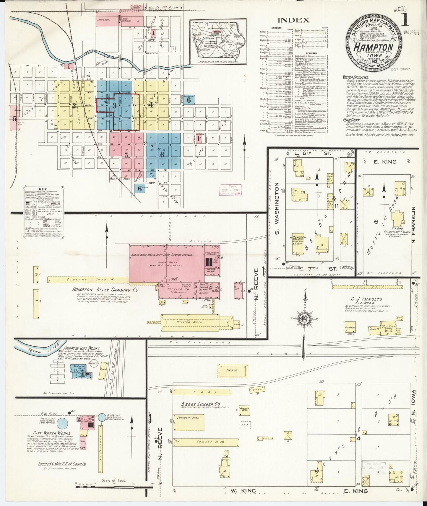 Sanborn Fire Insurance Map from Hampton, Franklin County, Iowa (1913), Sheet #0001 - Historic Sanborn Fire Insurance Map Print, vintage old map wall art