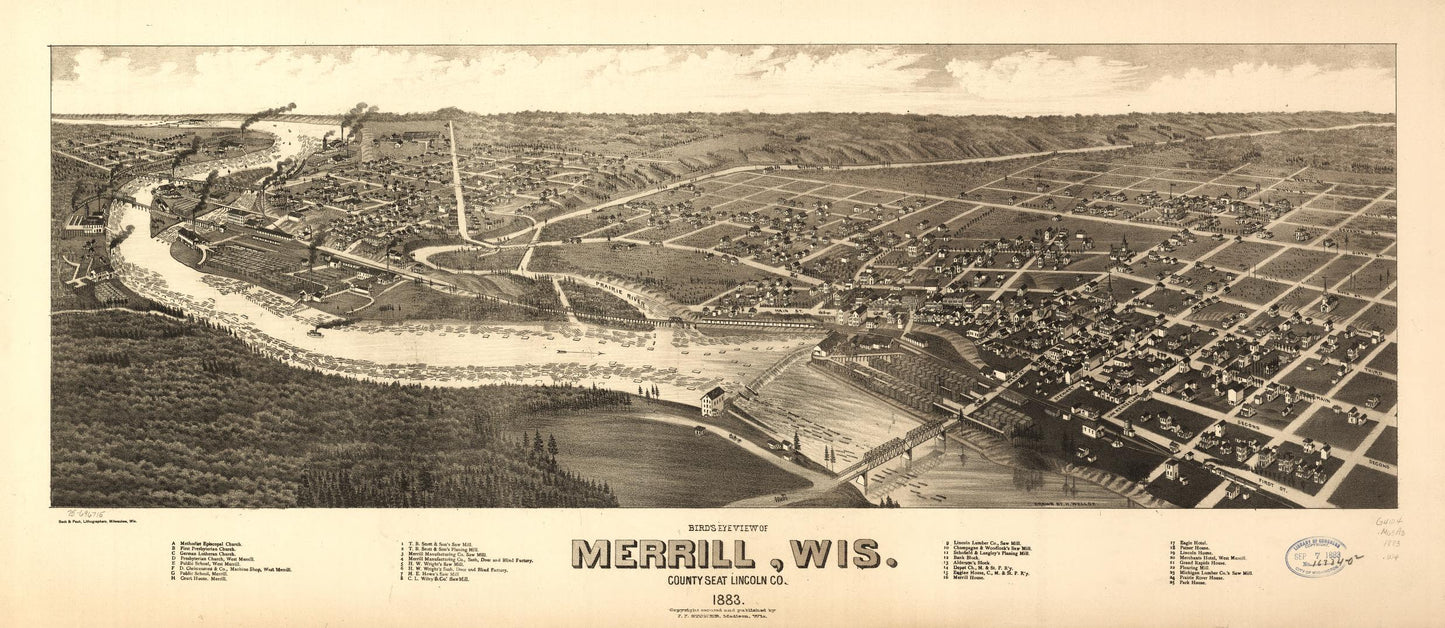 Bird's eye view of Merrill, Wis. county seat Lincoln Co. 1883. (1883) – Historic Bird’s-Eye View Panorama Print