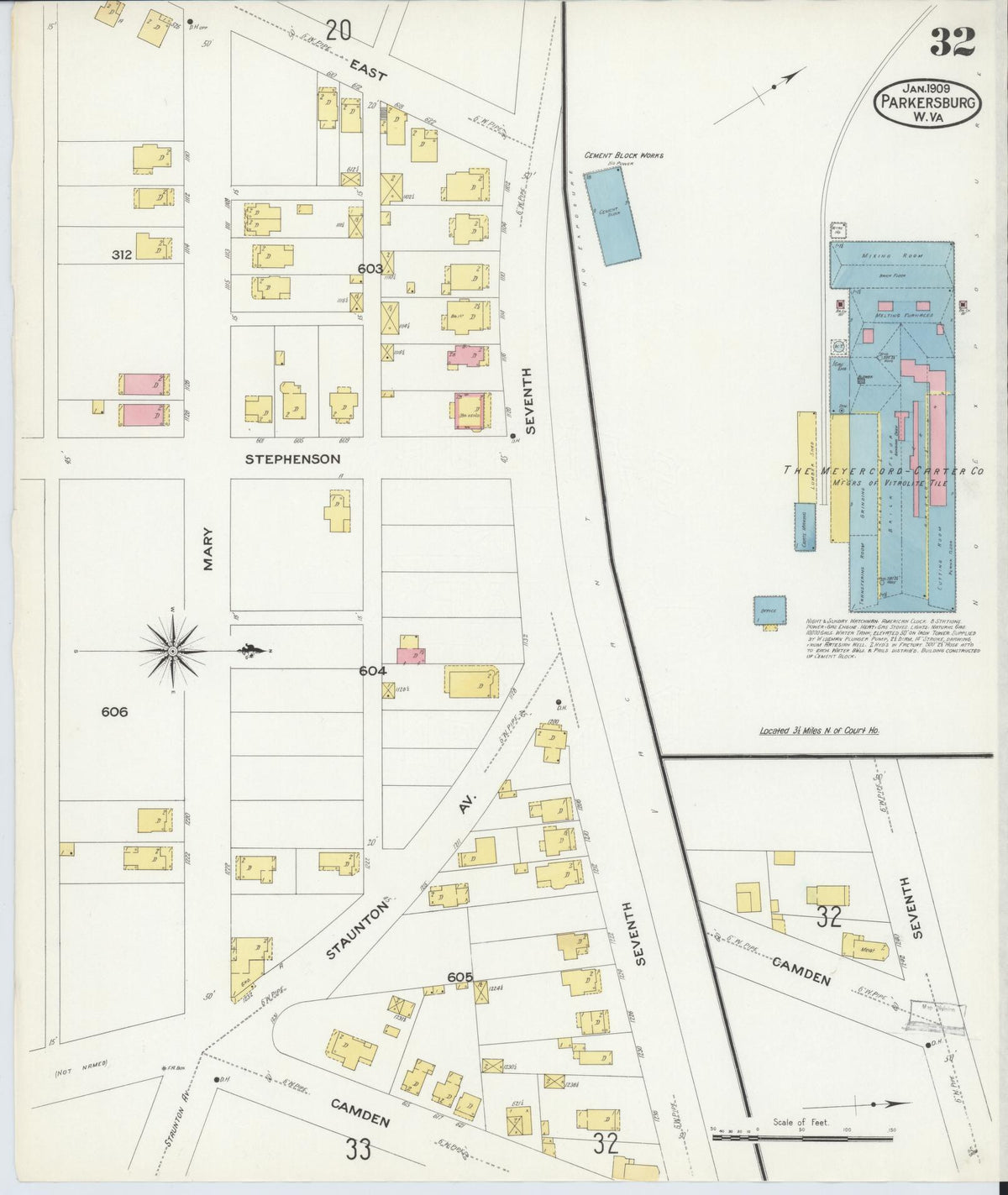 Sanborn Fire Insurance Map from Parkersburg, Wood County, West Virginia (1909), Sheet #0032 - Historic Sanborn Fire Insurance Map Print, vintage old map wall art, antique decor, genealogy gift, West Virginia West Virginia map