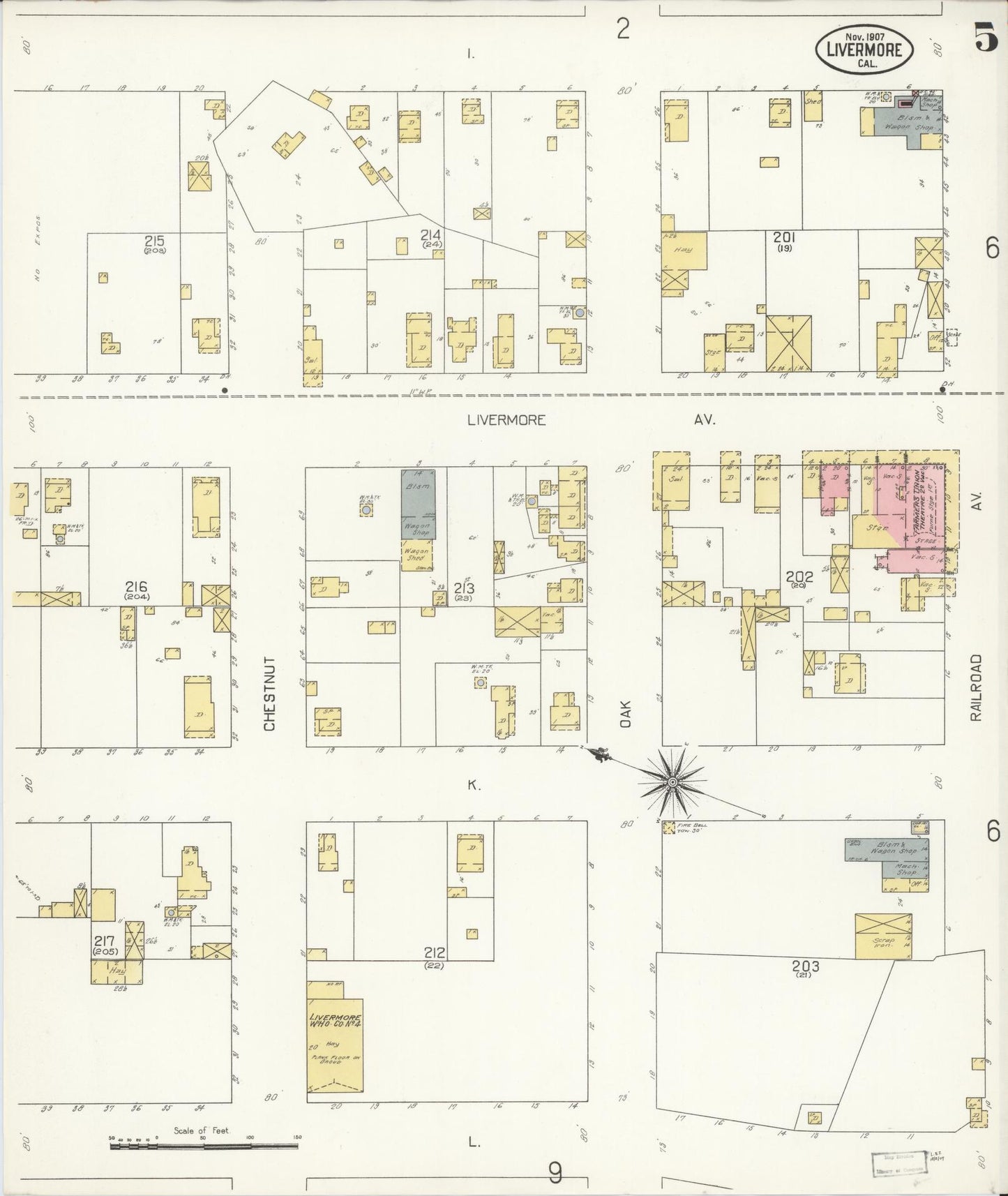 Sanborn Fire Insurance Map from Livermore, Alameda County, California (1907), Sheet #0005 - Historic Sanborn Fire Insurance Map Print, vintage old map wall art, antique decor, genealogy gift, California California map
