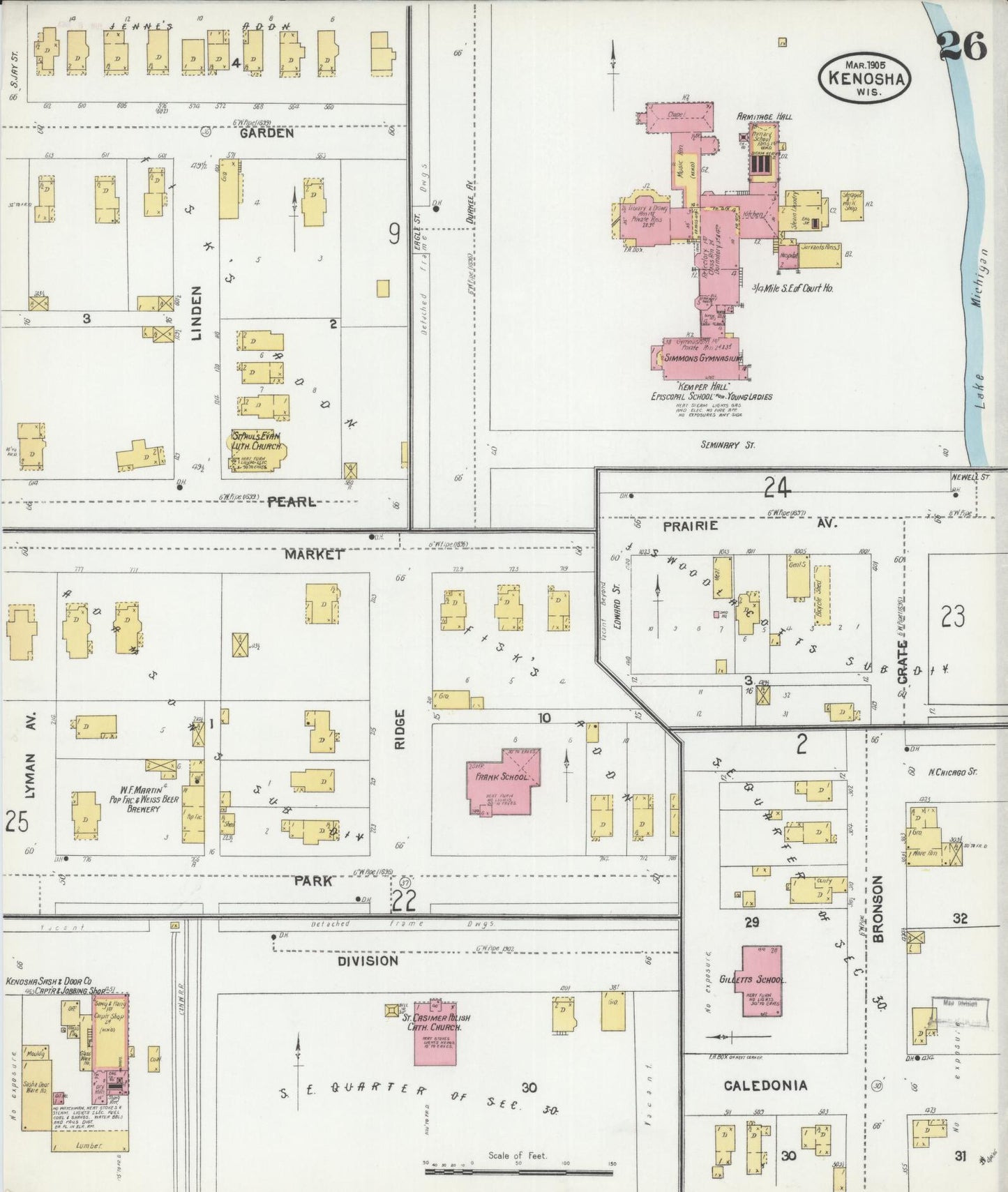 Sanborn Fire Insurance Map from Kenosha, Kenosha County, Wisconsin (1905), Sheet #0026 - Historic Sanborn Fire Insurance Map Print, vintage old map wall art, antique decor, genealogy gift, Wisconsin Wisconsin map