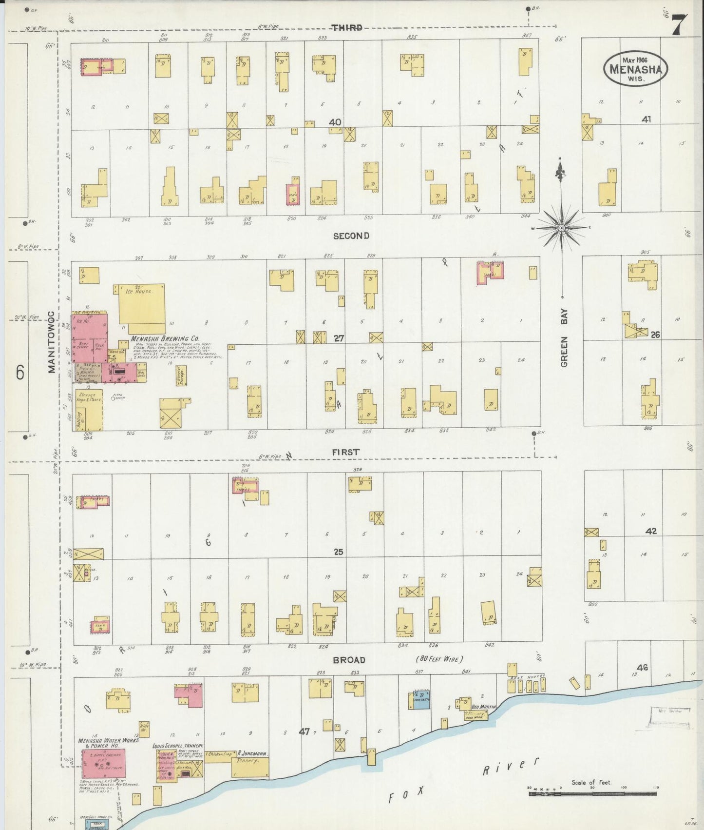 Sanborn Fire Insurance Map from Menasha, Winnebago County, Wisconsin (1906), Sheet #0007 - Historic Sanborn Fire Insurance Map Print, vintage old map wall art, antique decor, genealogy gift, Wisconsin Wisconsin map