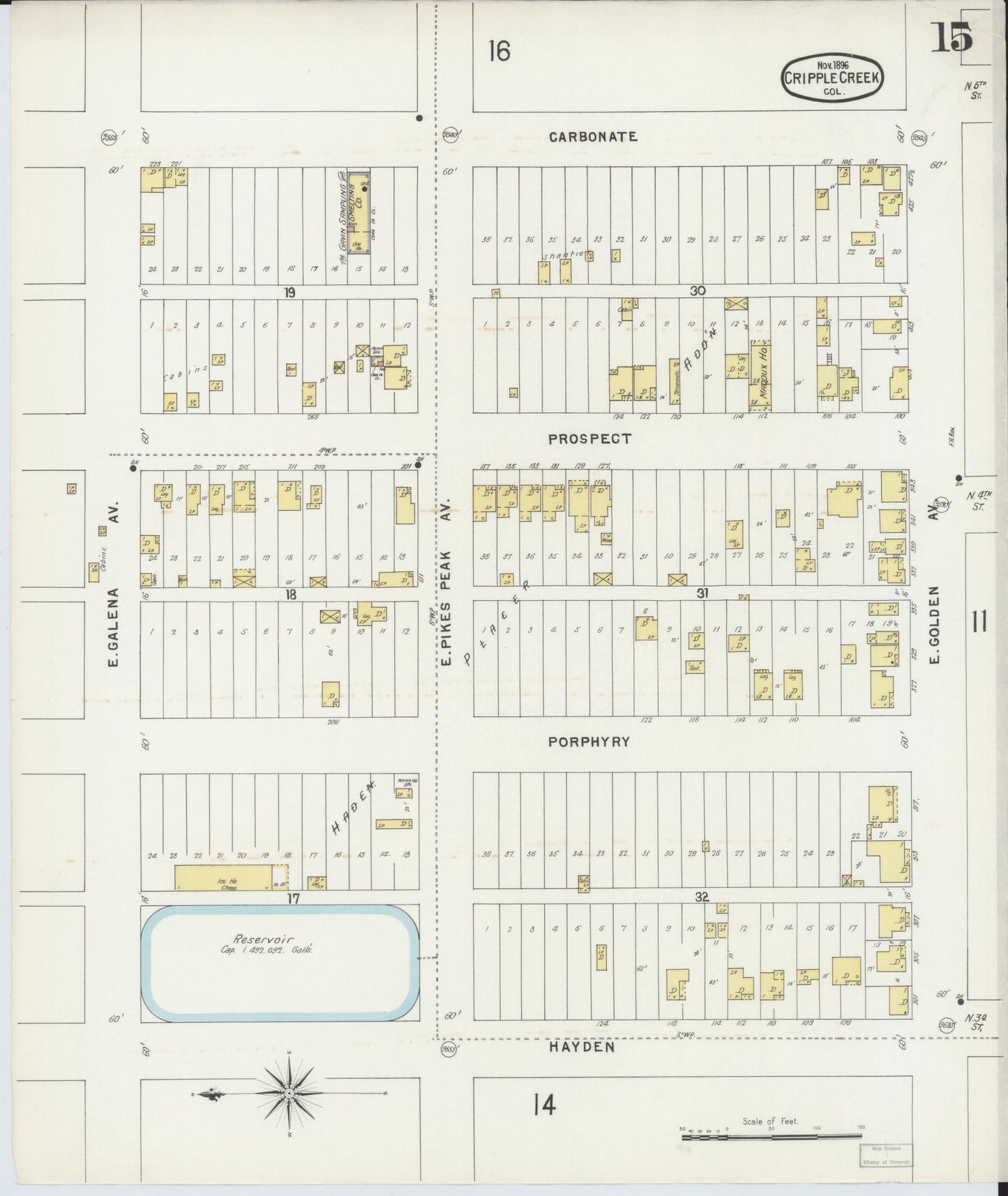 Sanborn Fire Insurance Map from Cripple Creek, Teller County, Colorado (1896), Sheet #0015 - Historic Sanborn Fire Insurance Map Print, vintage old map wall art, antique decor, genealogy gift, Colorado Colorado map