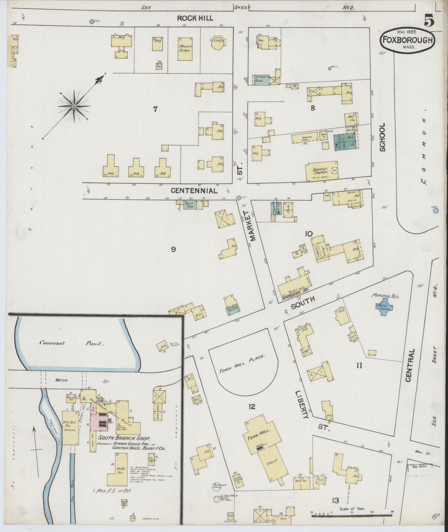 Sanborn Fire Insurance Map from Foxboro, Norfolk County, Massachusetts (1889), Sheet #0005 - Historic Sanborn Fire Insurance Map Print, vintage old map wall art, antique decor, genealogy gift, Massachusetts Massachusetts map
